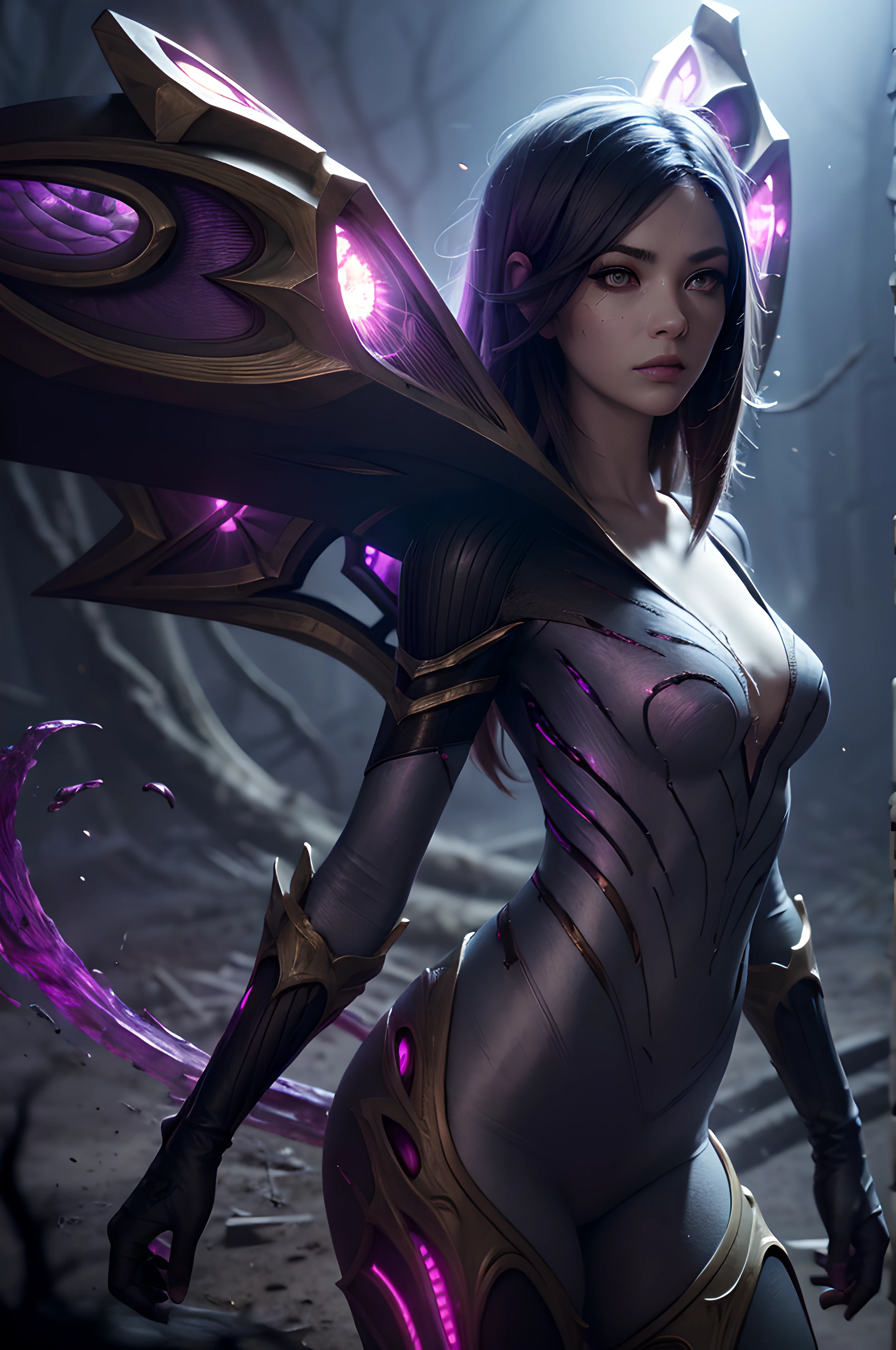 (Gray gloomy background, Dark Forest. Gloomy and hopeless, Dark dramatic lighting, vignette), 1girl, Anthony, League of Legends, control, Purple wings, dark violet hair, violet eyes, serious expression, looking at the audience, (dynamicpose), (Wings of the Void), arma, Masterpiece, extremely detailed CG unity 8k wallpaper, Best Quality, 12), Clear Focus, Aperture, Void Field, A surge of dark magic, gotik, Burnt purple gradient, Magic, Nature, Magic Splash, 3D vector graphics, Fantasy art, watercolor effect, bokeh, hand-drawn, Digital Painting, soft-lighting, isometric style, retro aesthetics, 4k resolution, с Cinema 4D, natural lighting, Cinematic, Masterpiece, Highly detailed, Intricate, Extreme textures, Horror, terrific, Creepy, Scarimok a sense of sophistication and tranquility. Accentuate the low-poly style, The overall aesthetic should be sleek and stylish, which makes it suitable for branding and logo.