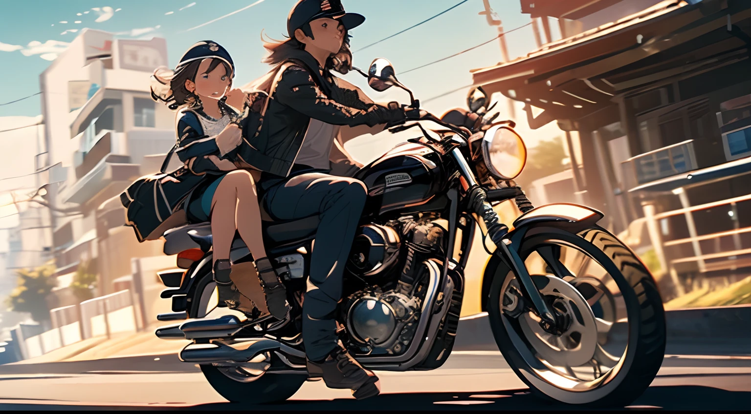 Two people on a motorcycle，A man rides a motorcycle，There was a girl sitting in the back seat，On the seaside road of the ancient city，early evening，夏天,，photography of, (Ultra photo realsisim), Modern Yang Jie, detailed fantasy art, Stunning character art, Fanart Meilleure ArtStation, Epic and exquisite character art, Extremely detailed art, Meticulous digital animation is art