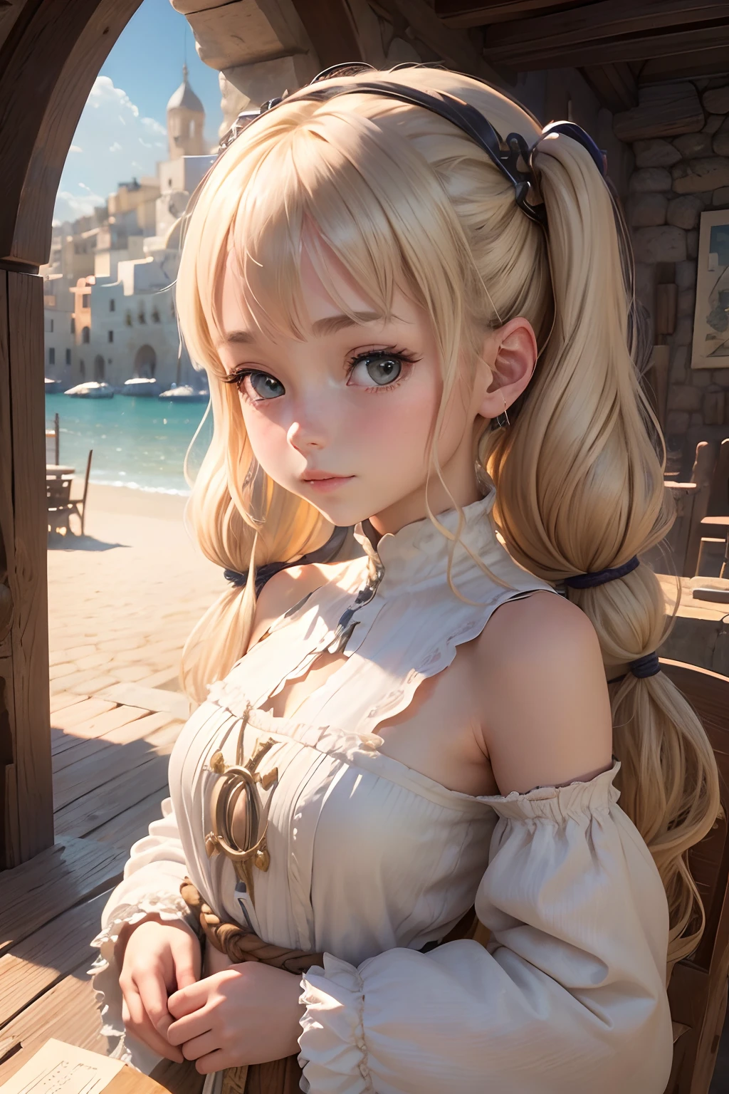 (the Extremely Detailed CG Unity 8K Wallpapers), most beautiful artwork in the world, 1girl in, Upper body,Petite girl with blonde twin tails,Medieval cityscape,siesta,Daytime,A slight smil,Look at viewers,Whitewashed Wall Adventurer's Tavern,Mediterranean seaside