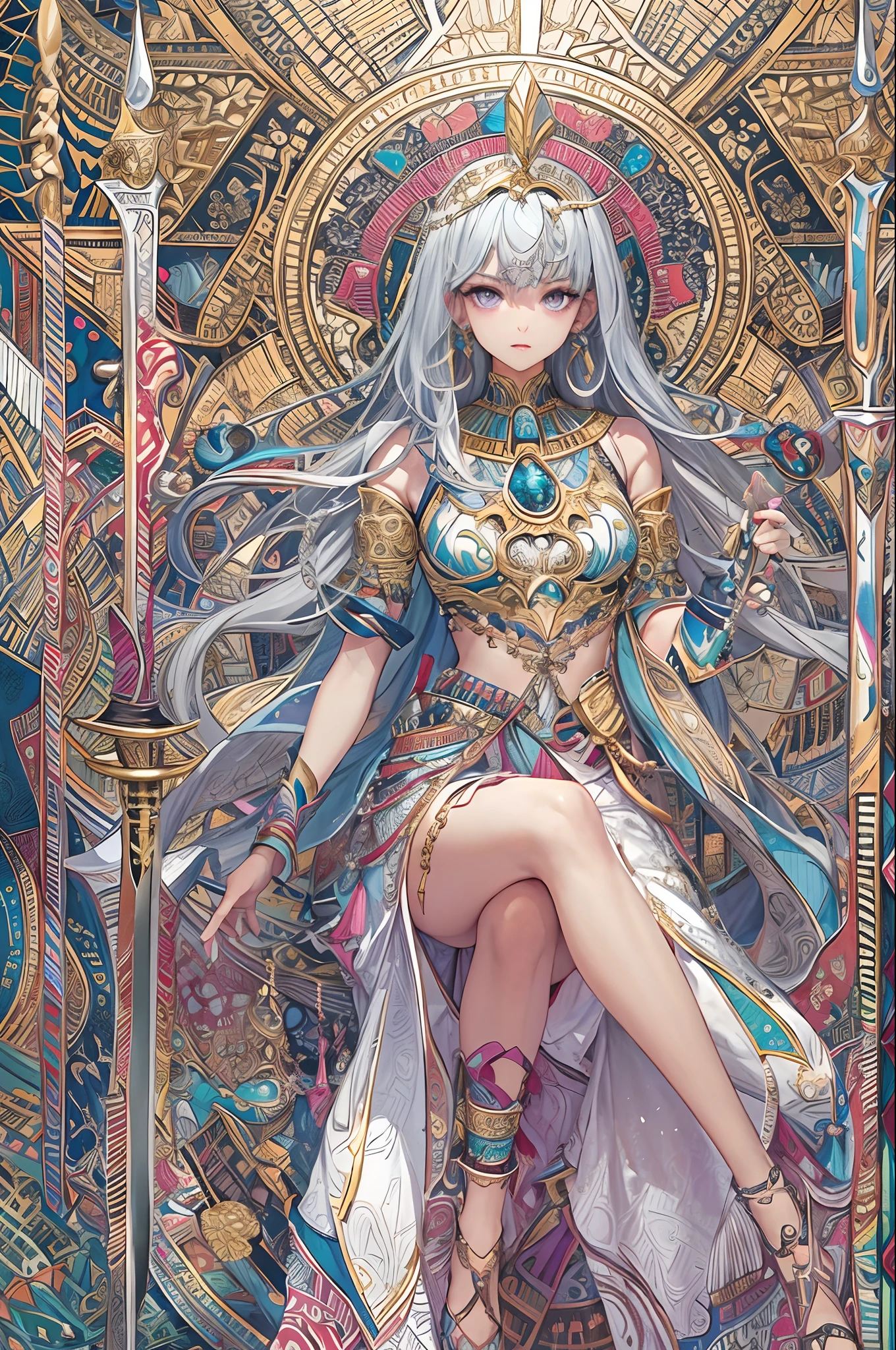 (tmasterpiece、top-quality、The best illustrations、offcial art、Beautifully Aesthetic:1.2)、A highly detailed、(Fractal Art:1.1)、(Pyramids、scarab、Egyptian pattern:1.3)、One lady、egypician、cleoopatra、(Hierograph:1.2)、(Dynamic Poses)、(Abstract background:1.3)、(skin tanned:1.5)、Shiny skin、(highly colorful:1.4)、(Holding a thin silver sword:1.4)、(black colored hair、Longhaire、straight haired、Purple eyes:1.2)、(White costume in Egyptian style、gold decorations、Gold Frame Ornament)、(lapis lazuli、Turquoise Blue、Jeweled)、exotic beauty、thighs thighs thighs thighs、braided sandals、Fantastical
