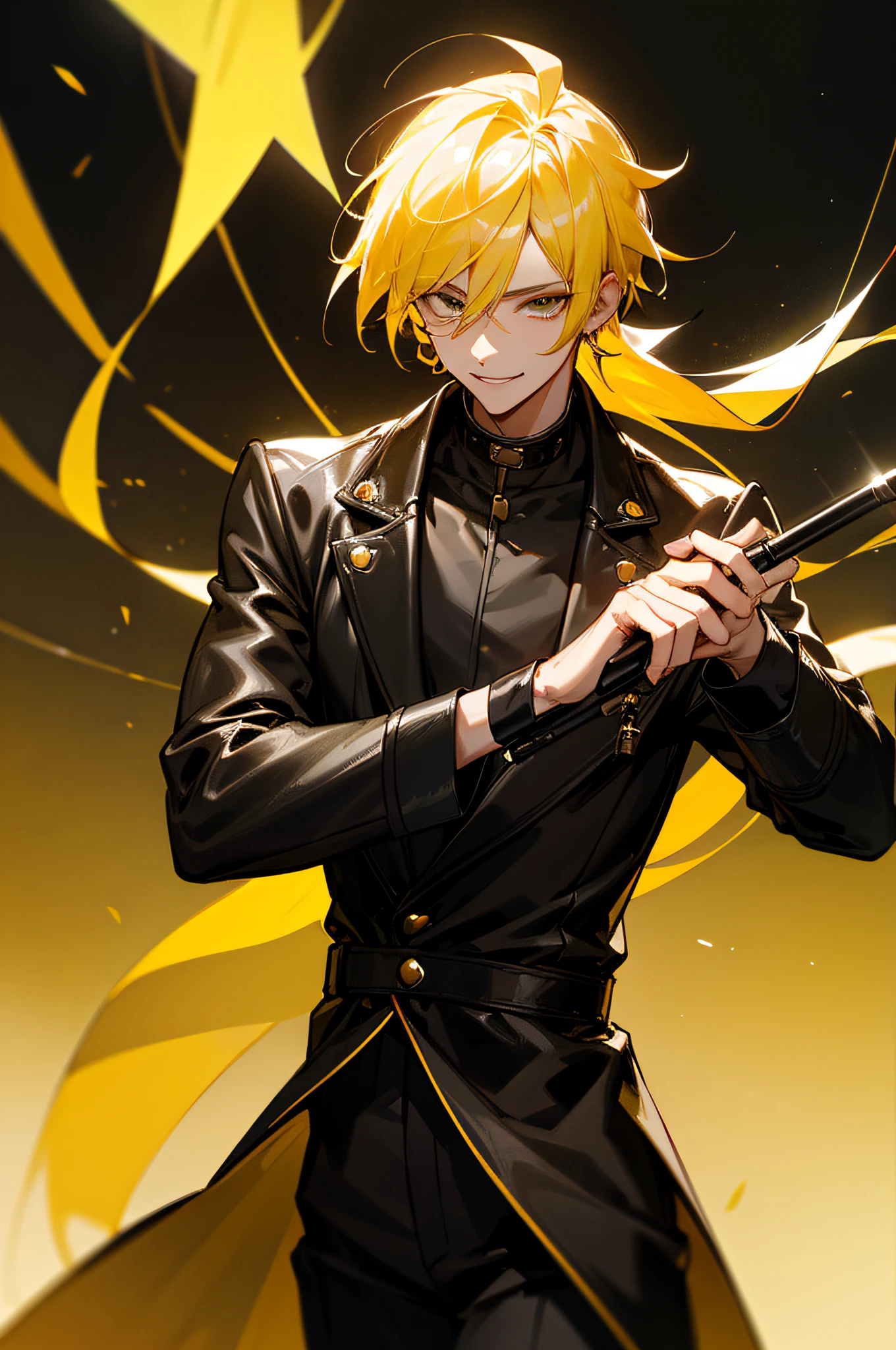 16k,male people,Yellow hair,black leather clothes,Spotlight stage background,holding microphone in hand,Handsome and handsome,A smile appeared at the corner of his mouth。