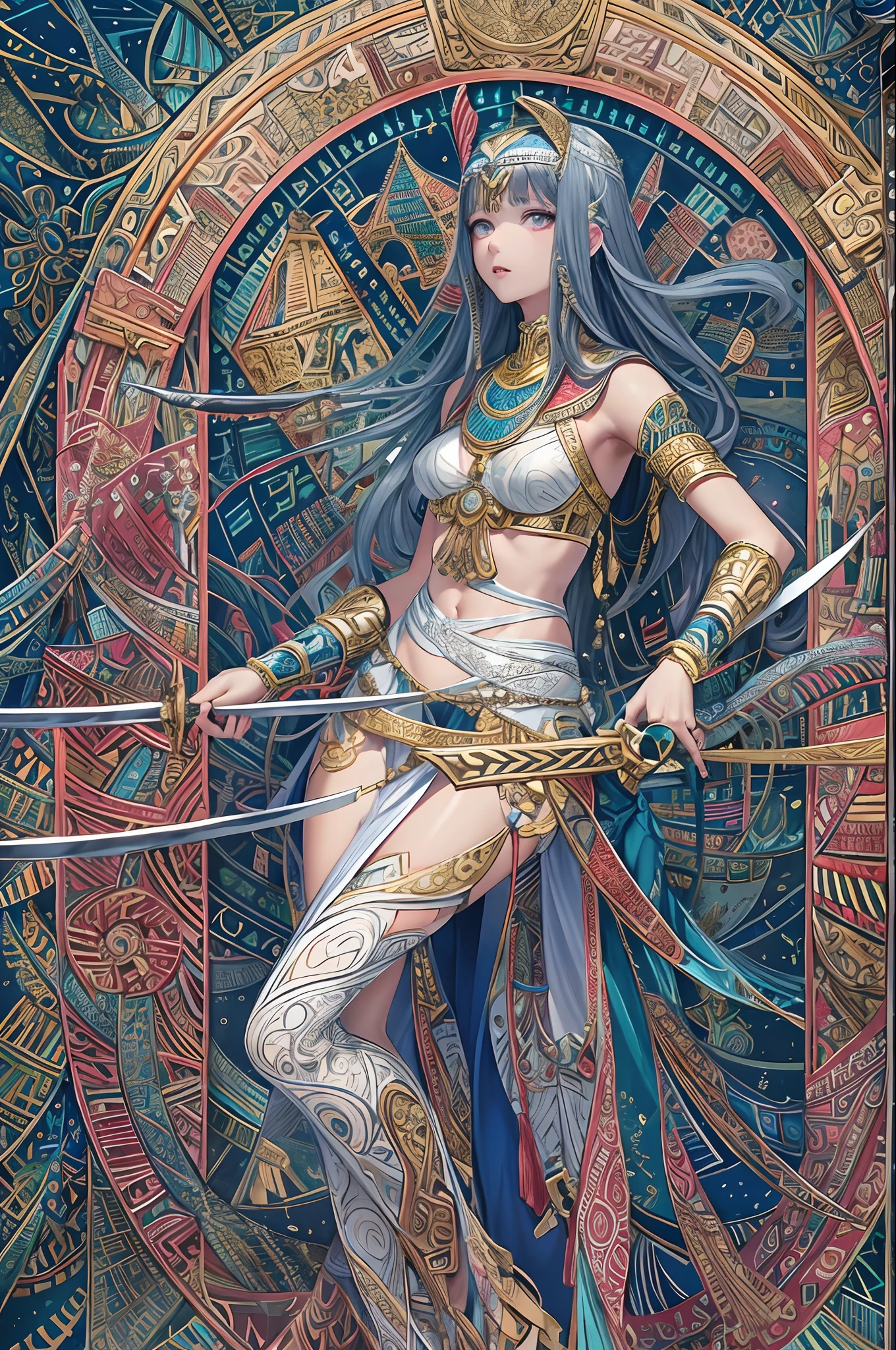 (masuter piece、top-quality、Official art、Beautifully Aesthetic:1.2)、A highly detailed、(Fractal Art:1.3)、(Pyramids、Egyptian murals:1.2)、The most detailed、(Zentangle:1.3)、(Dynamic Poses)、(Abstract background:1.3)、(shinny skin)、(highly colorful:1.4)、(Holding a thin silver sword:1.4)、(Dark blue hair、Longhaire、straight haired、Purple eyes:1.2)、(White sheer costume in Egyptian style、gold decorations、Gold Frame Ornament)、thighs thighs thighs thighs、braided sandals、Fantastical