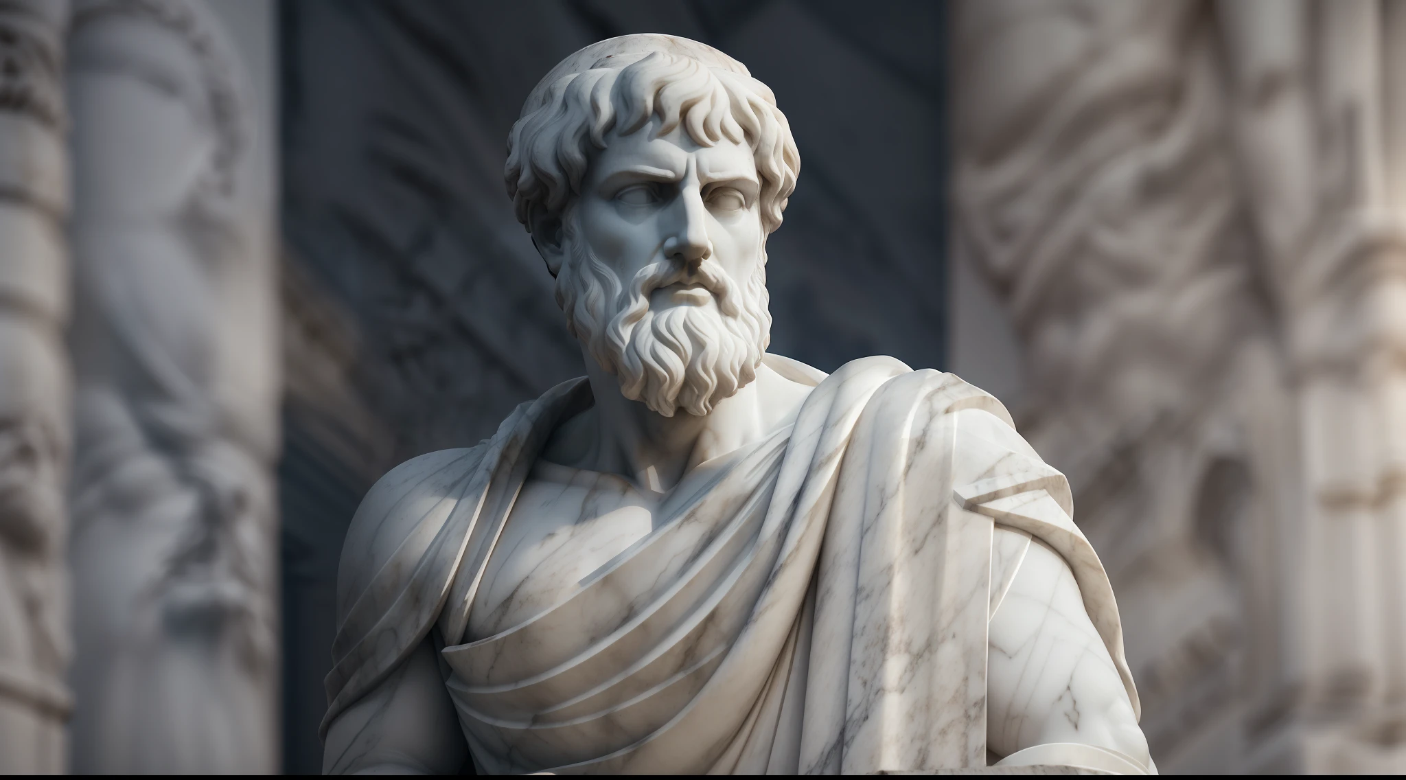 A realistic Greek white marble statue of aristotle brave scary detailed wearing a ghostly toga, fundo neutro, Moody, , fotorrealista, Scary Movie Dinner, super detalhada, hiper realista, luzes brilhantes, 8 K