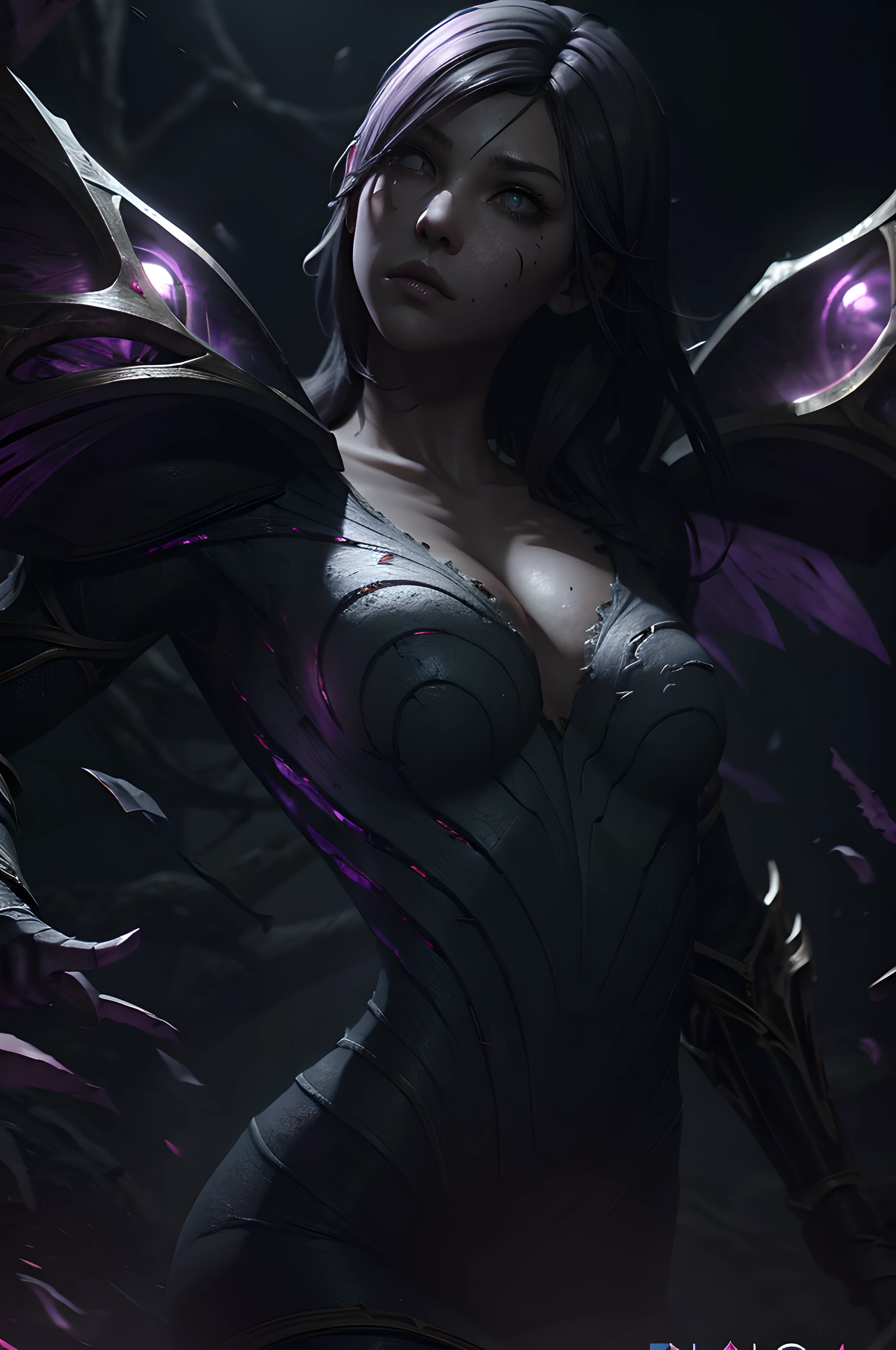 (Gray gloomy background, Dark Forest. Gloomy and hopeless, Dark dramatic lighting, vignette), 1girl, Anthony, League of Legends, control, Purple wings, dark violet hair, violet eyes, serious expression, looking at the audience, (dynamicpose), (Wings of the Void), arma, Masterpiece, extremely detailed CG unity 8k wallpaper, Best Quality, 12), Clear Focus, Aperture, Void Field, A surge of dark magic, gotik, Burnt purple gradient, Magic, Nature, Magic Splash, 3D vector graphics, Fantasy art, watercolor effect, bokeh, hand-drawn, Digital Painting, soft-lighting, isometric style, retro aesthetics, 4k resolution, с Cinema 4D, natural lighting, Cinematic, Masterpiece, Highly detailed, Intricate, Extreme textures, Horror, terrific, Creepy, Scarimok a sense of sophistication and tranquility. Accentuate the low-poly style, The overall aesthetic should be sleek and stylish, which makes it suitable for branding and logo.