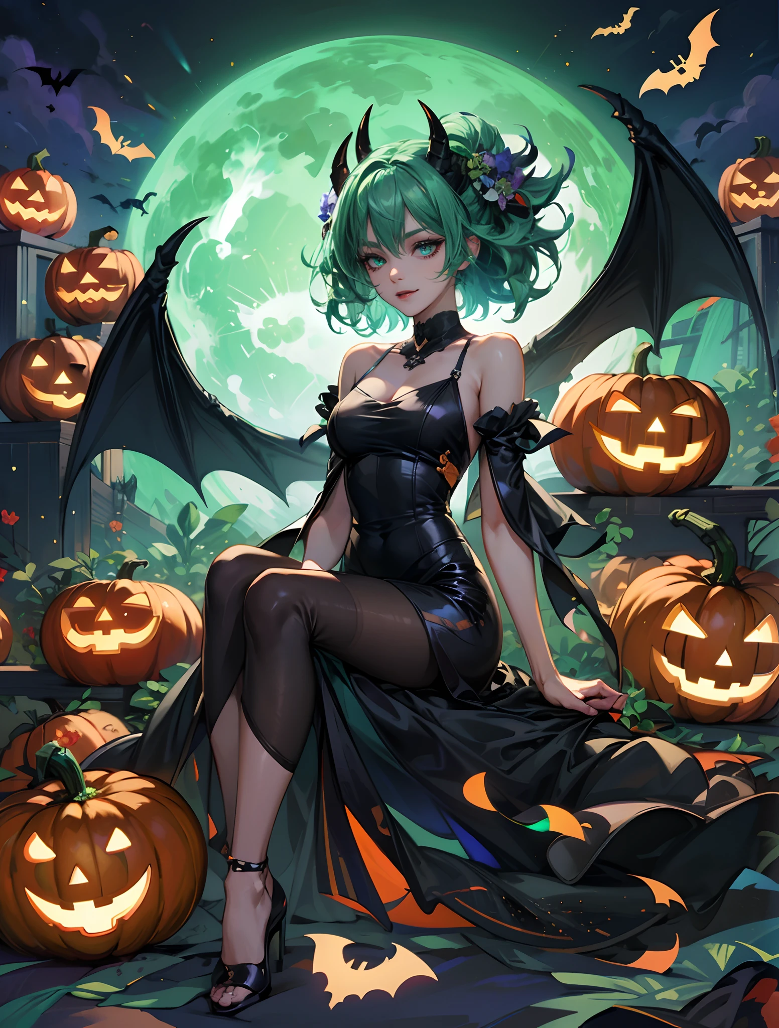 Demon anime girl, demonic wing, stylish sitting pose, bold look, glowing_holographic_green hair, hair blowing in air, , glow_in_the_dark, holographic, visibly flowers and halloween pumpkins flying around, stylish hair, black elegant and modern dress, dramatic light