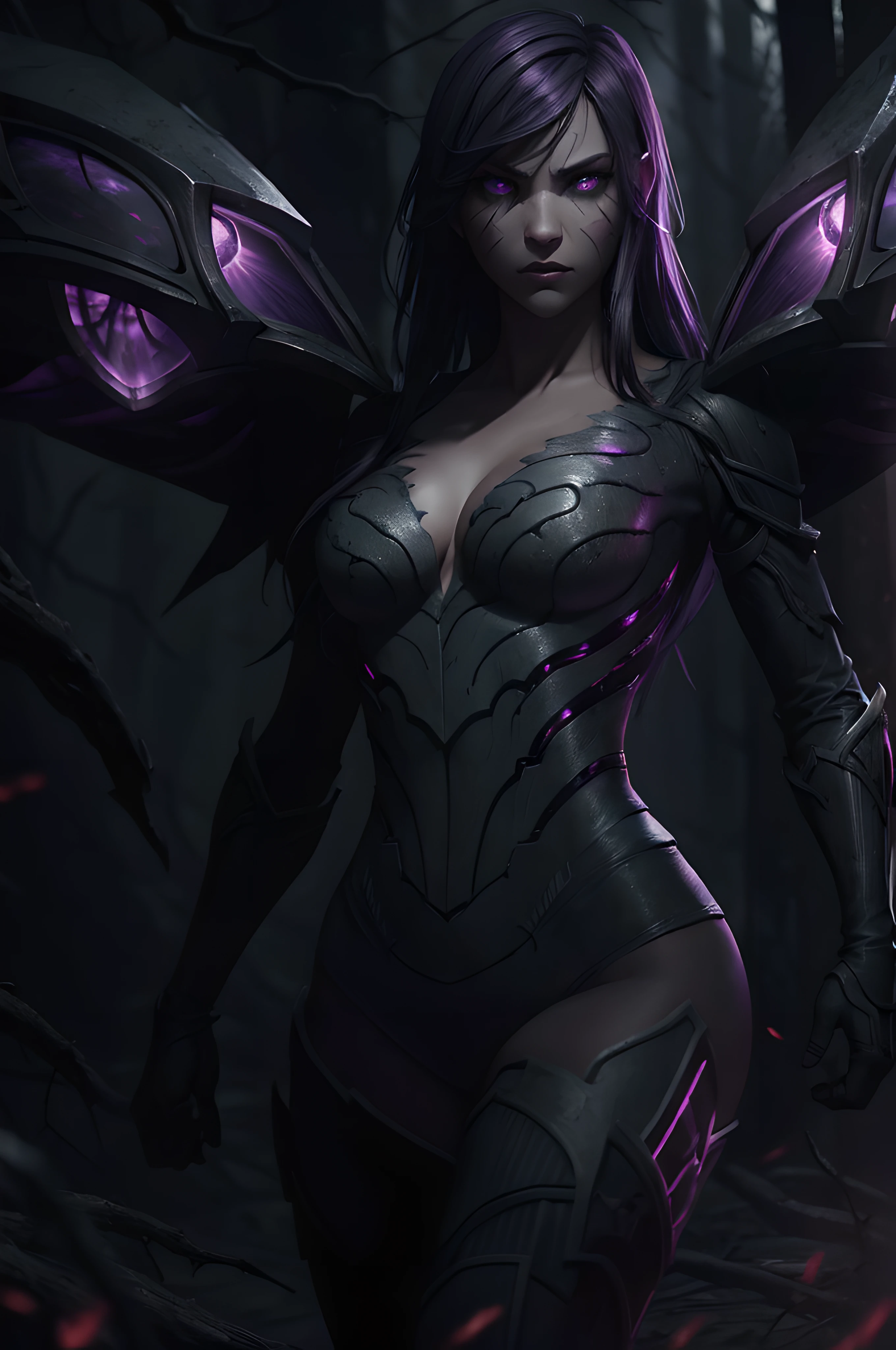 (Gray gloomy background, Dark Forest. Gloomy and hopeless, Dark dramatic lighting, vignette), 1girl, Kaisa, League of Legends, control, Purple wings, dark violet hair, violet eyes, serious expression, intense glare, looking at the audience, (dynamicpose), (Wings of the Void), arma, Masterpiece, extremely detailed CG unity 8k wallpaper, Best Quality, 12), Clear Focus, Aperture, Void Field,