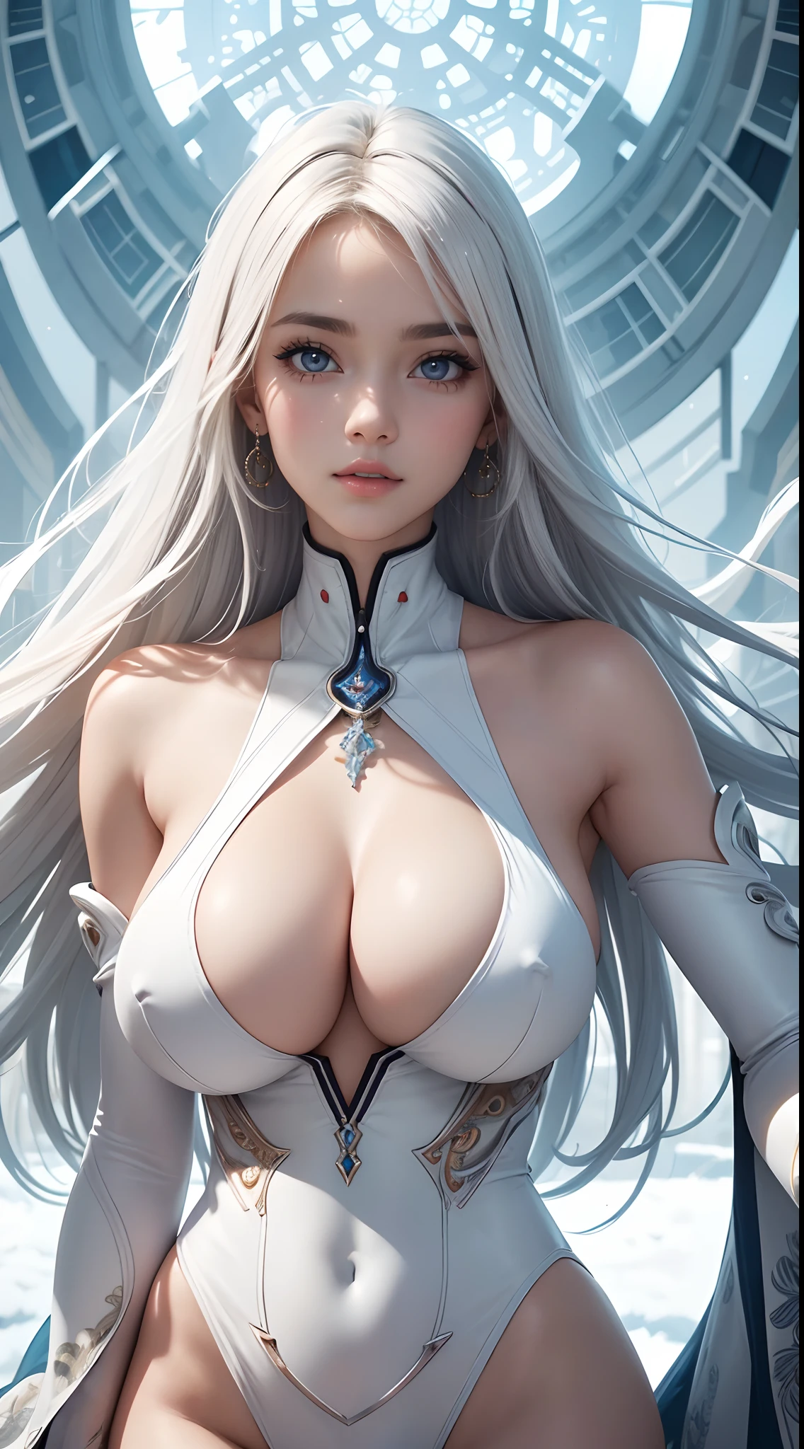 (best quality, masterpiece, colorful, dynamic angle, highest detailed) upper body photo, fashion photography of cute white long hair girl (Stunning mature woman), (((massive gigantic breasts))), dressing high detailed Evangelion white suit (high resolution textures), in dynamic pose, bokeh, (intricate details, hyperdetailed:1.15), detailed, sunlight passing through hair, epic ice storm background, (official art, extreme detailed, highest detailed),