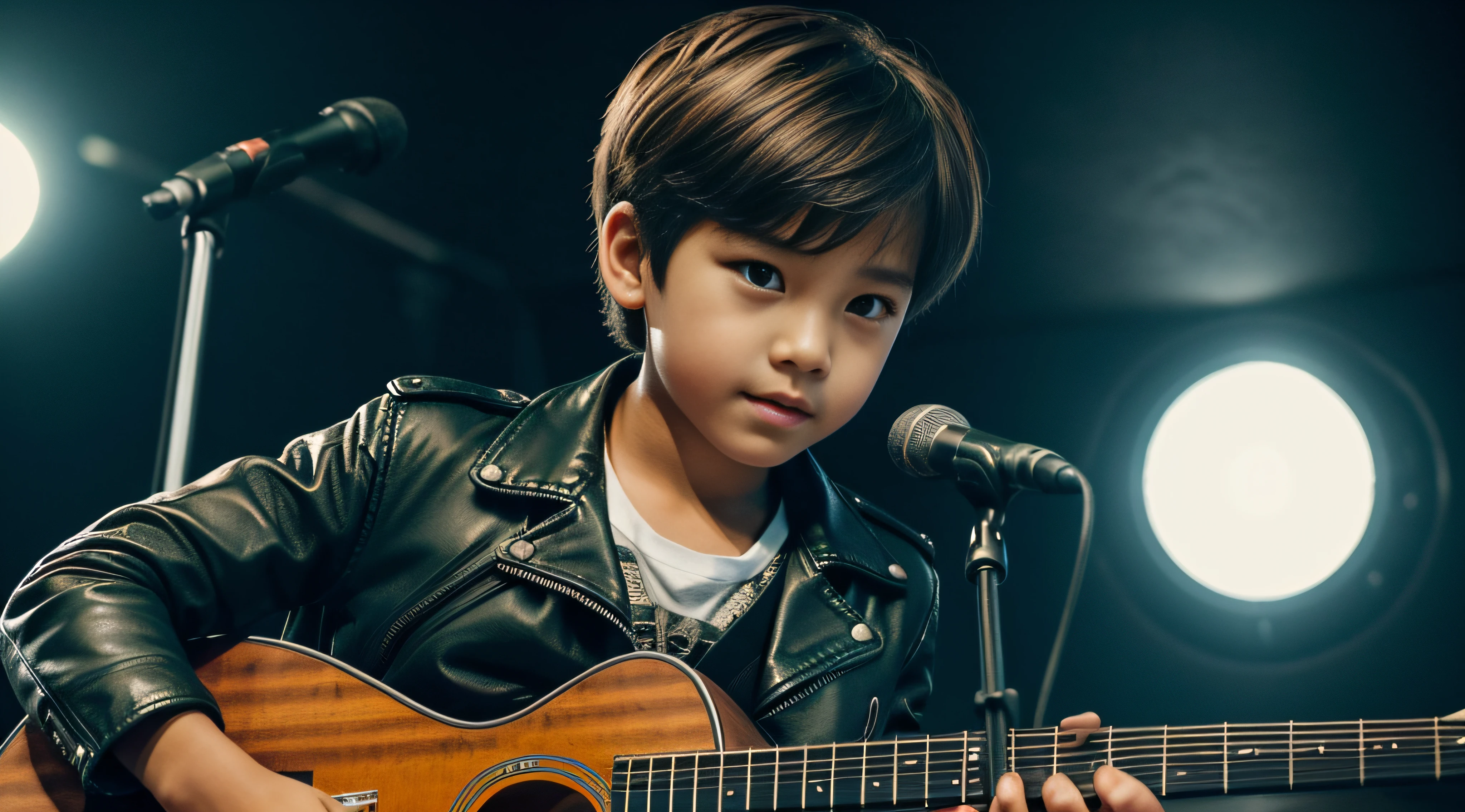 Boy playing guitar on stage, close-up, The upper half of the body is visible, low angle, I stood in front of the microphone, perfect faces, Face depictions, Depicting specific faces, Body and face at a glance, (1Boy:1.3), , A boy, (South Korean : 1.3), (10 years, Gorgeous hair color, male, (short-hair:1.3), (Extreme detail:1.2), hyper detailed face, beautidful eyes, green pupil, (A look of chagrin:1.2), (leather jacket:1.2), splendid, beauty, (goodlooking:1.2), cute little(1.2), 8K, High Quality, (Band on the show vs.:1.2),