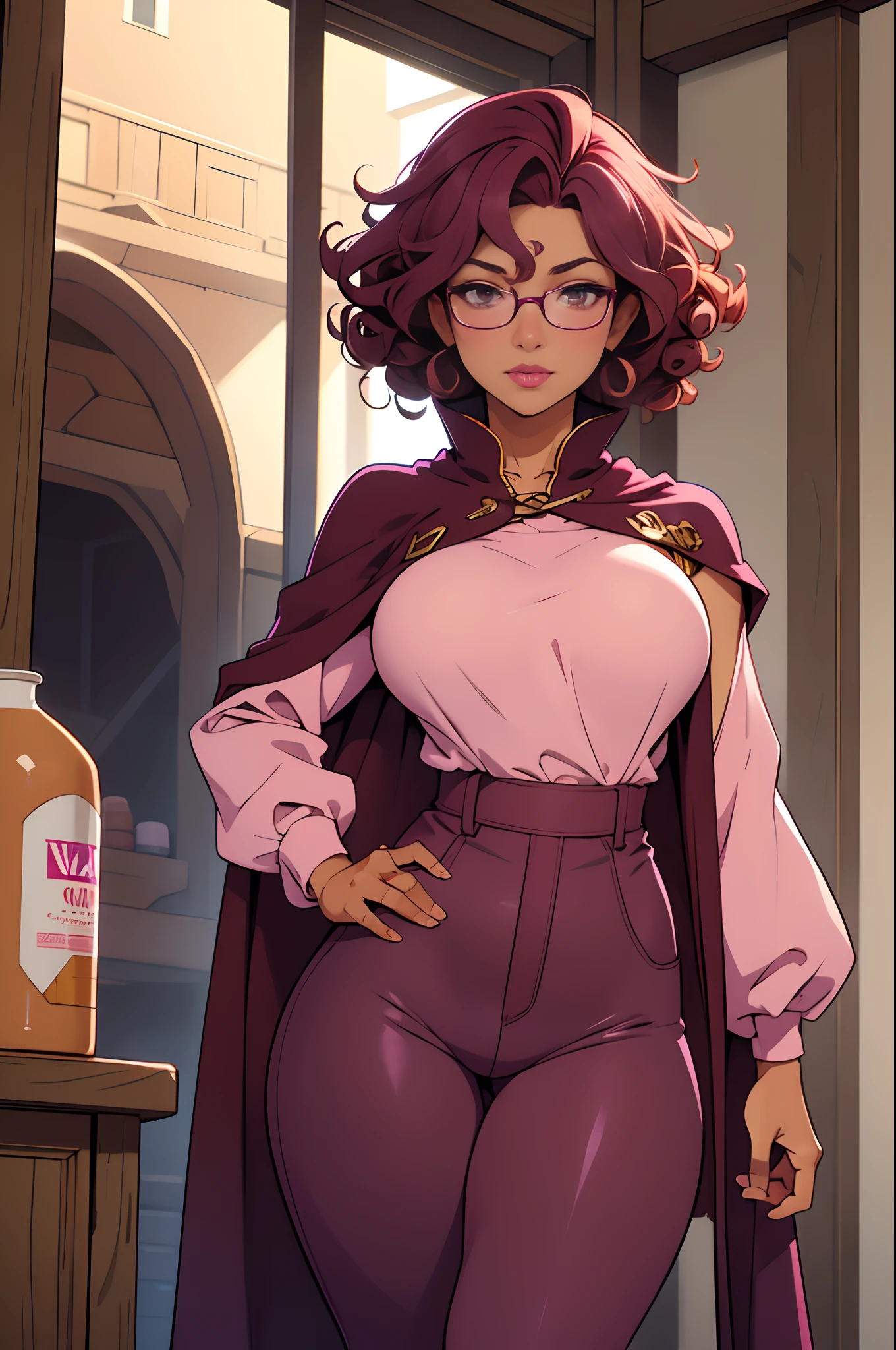 Solo, female, standing, looking at viewer, (((tan skin))), fantasy village, light pink linen tunic, navy cloak, magenta accents, tight pants, (dark maroon hair, curly hair, medium hair), glasses, big breasts, pink lipstick
