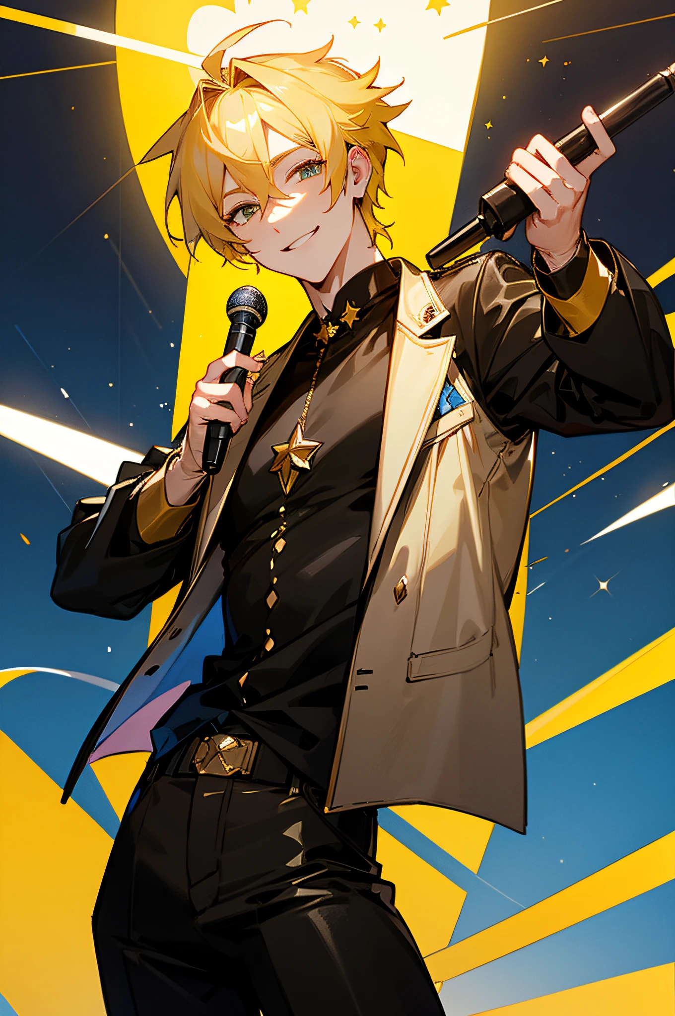 16k，male people，Yellow hair，black leather clothes，Spotlight stage background，Uranus superstar，holding microphone in hand，Handsome and handsome，A smile appeared at the corner of his mouth。