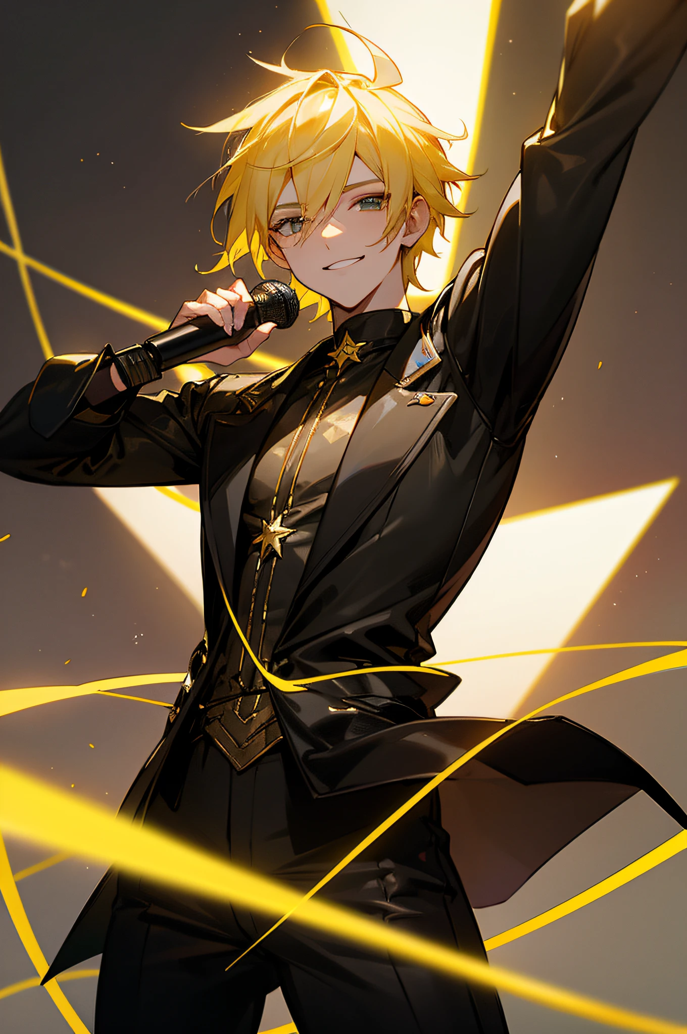 16k,male people,Yellow hair,black leather clothes,Spotlight stage background,Uranus superstar,holding microphone in hand,Handsome and handsome,A smile appeared at the corner of his mouth。