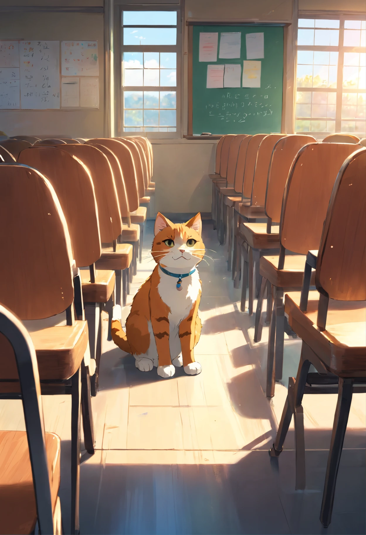 Round-eyed cats sit in chairs for lessons, Classroom,Several rows of tables, , Face the blackboard, Sunlight outside the window