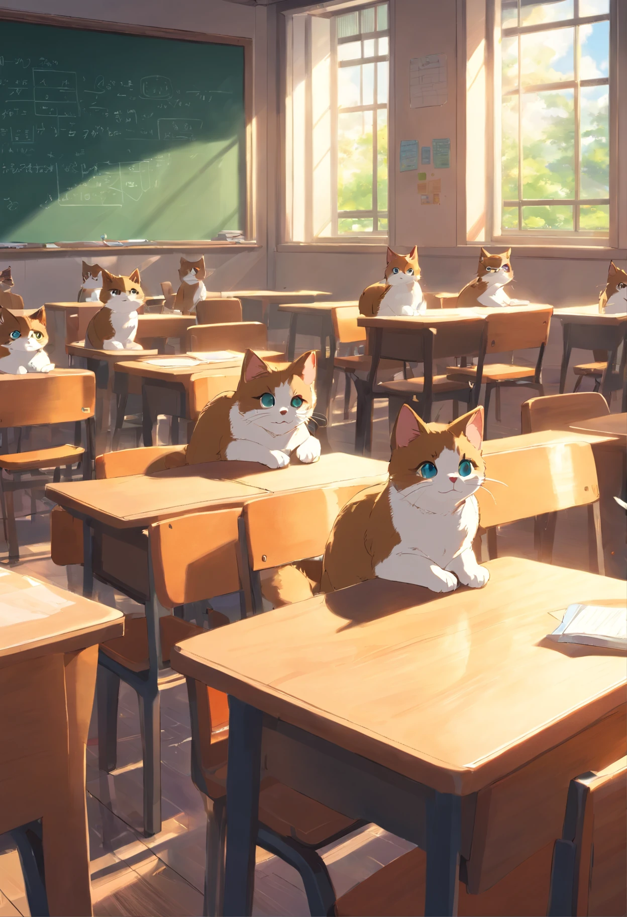 Round-eyed cats sit in chairs for lessons, Classroom,Several rows of tables, , Face the blackboard, Sunlight outside the window