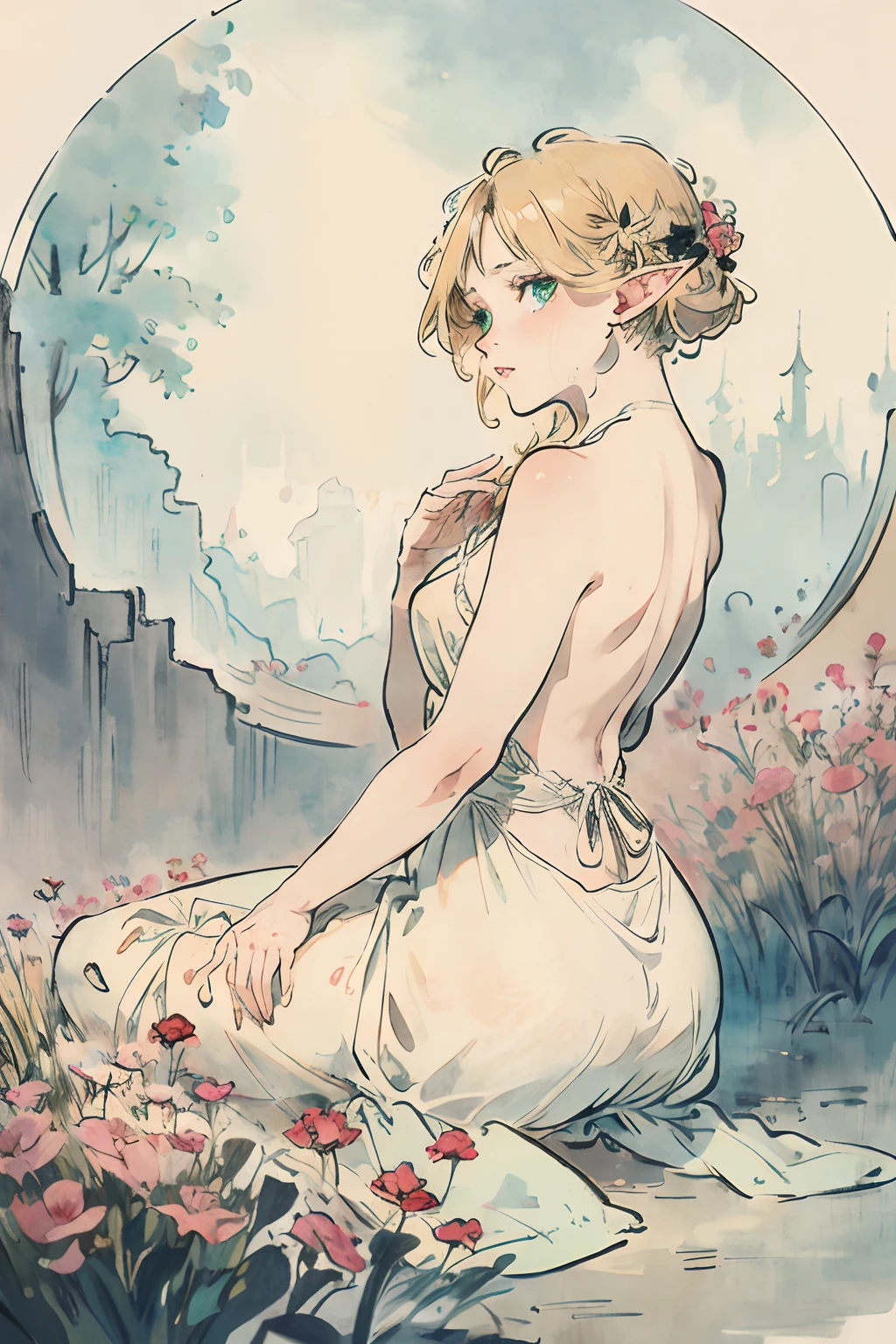 SFW,masutepiece, Best Quality, High resolution, 1girl in, Full body, Details Girl, detail hands, Detail fingers, Detail Face, detail legs, 1girl in, elf, Looking down, Flower Garden, Black sky, smog, watercolor paiting, pale skin, Petite, Blonde hair, Long hair, Wavy Hair, saddened, mournful cry, Green eyes, tareme, medium breasts, white sundress, Bare back,