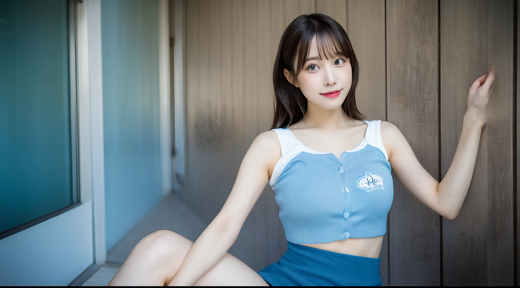 18-year-old cheergirl in a light blue miniskirt(E Cup Breast)