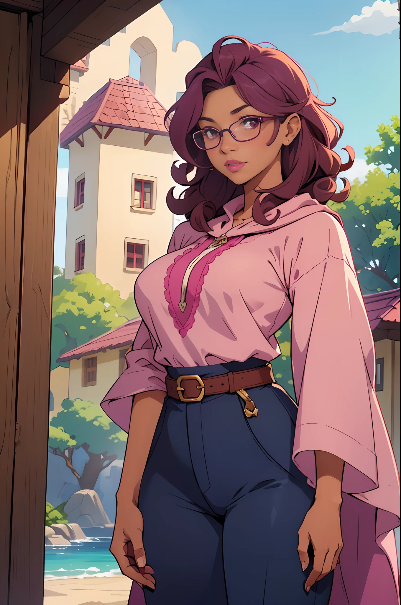 Solo, female, standing, looking at viewer, (((tan skin))), fantasy village, light pink linen tunic, navy cloak, magenta accents, tight pants, (dark maroon hair, curly hair, medium hair), glasses, big breasts, pink lipstick