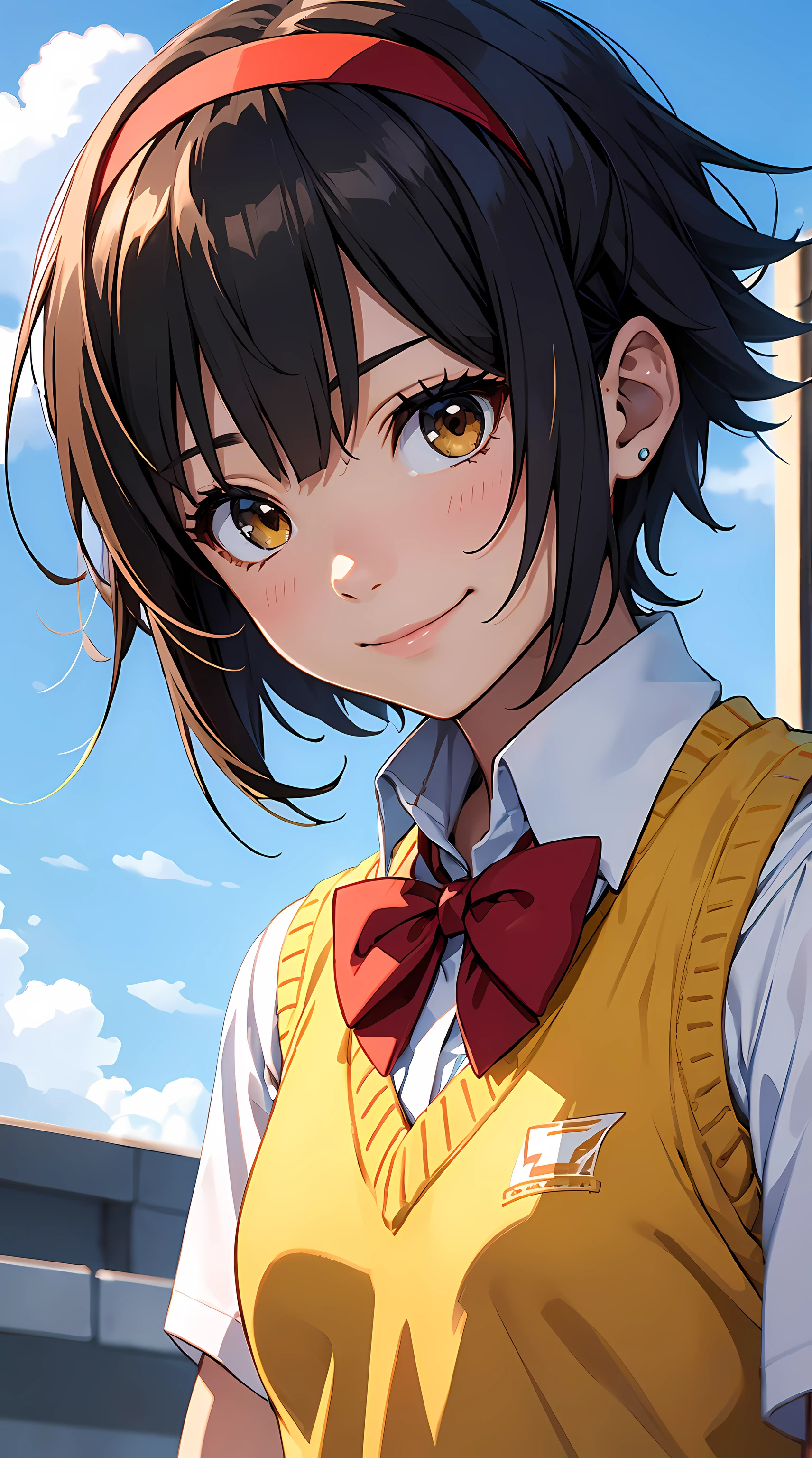 shinkai makoto, kimi no na wa., 1girl, bangs, black hair, blue sky, blush, bow, bowtie, brown eyes, cloud, collared shirt, hair ribbon, hairband, looking at viewer, negative space, outdoors, red bow, red bowtie, red hairband, red ribbon, ribbon, school uniform, shirt, short hair, sky, smile, solo, sweater vest, upper body, vest, white shirt, yellow sweater vest, yellow vest