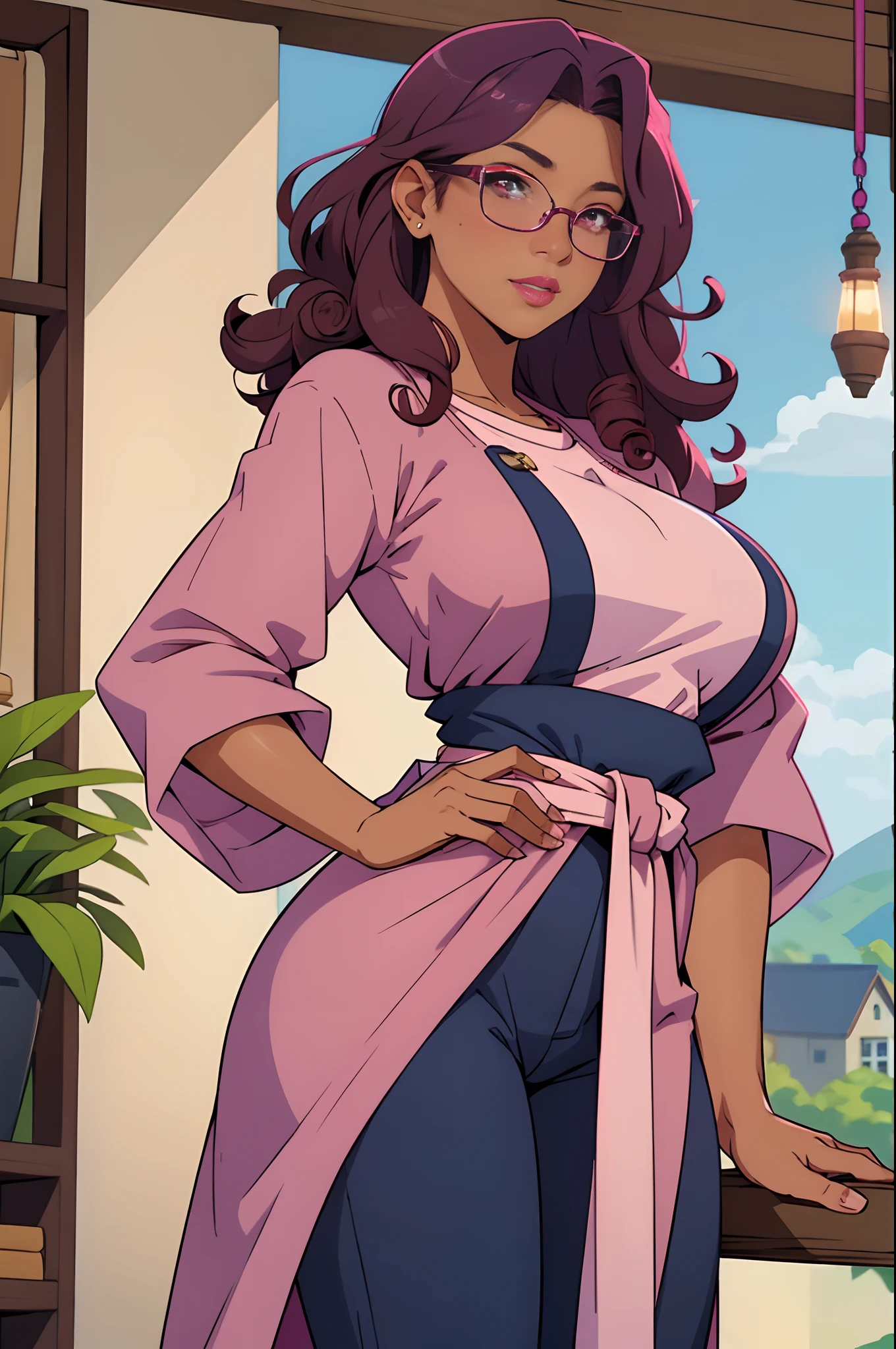 Solo, female, standing, looking at viewer, (((tan skin))), fantasy village, light pink linen tunic, navy cloak, magenta and navy blue accents, pants, (dark maroon hair, curly hair, medium hair), glasses, big breasts, pink lipstick, blue ey3s