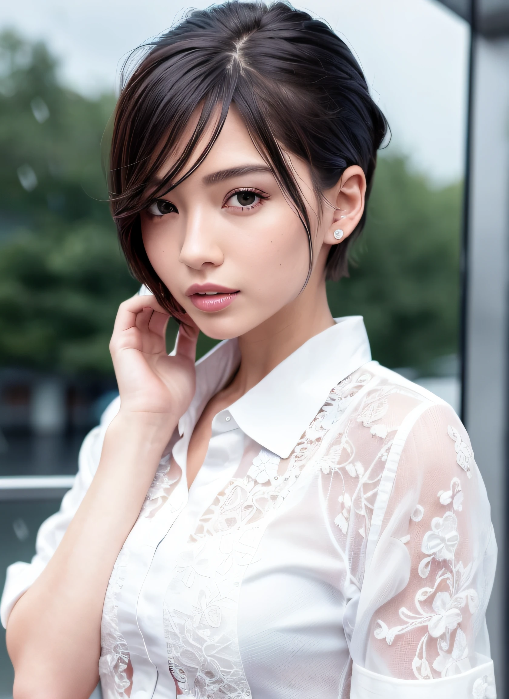 ((Best Quality, 8K, Masterpiece: 1.3)), Sharp Focus: 1.2, A Beautiful Woman with Perfect Figure: 1.4, Slim Abs: 1.2, (Layered Hairstyle,: 1.2)), (Wet White Button Long Shirt: 1.3), Rain: 1.3, Street: 1.2, Wet Body: 1.1, Highly Detailed Face and Skin Texture, Detailed Eyes, Double Eyelids, Big Breasts, Smile,