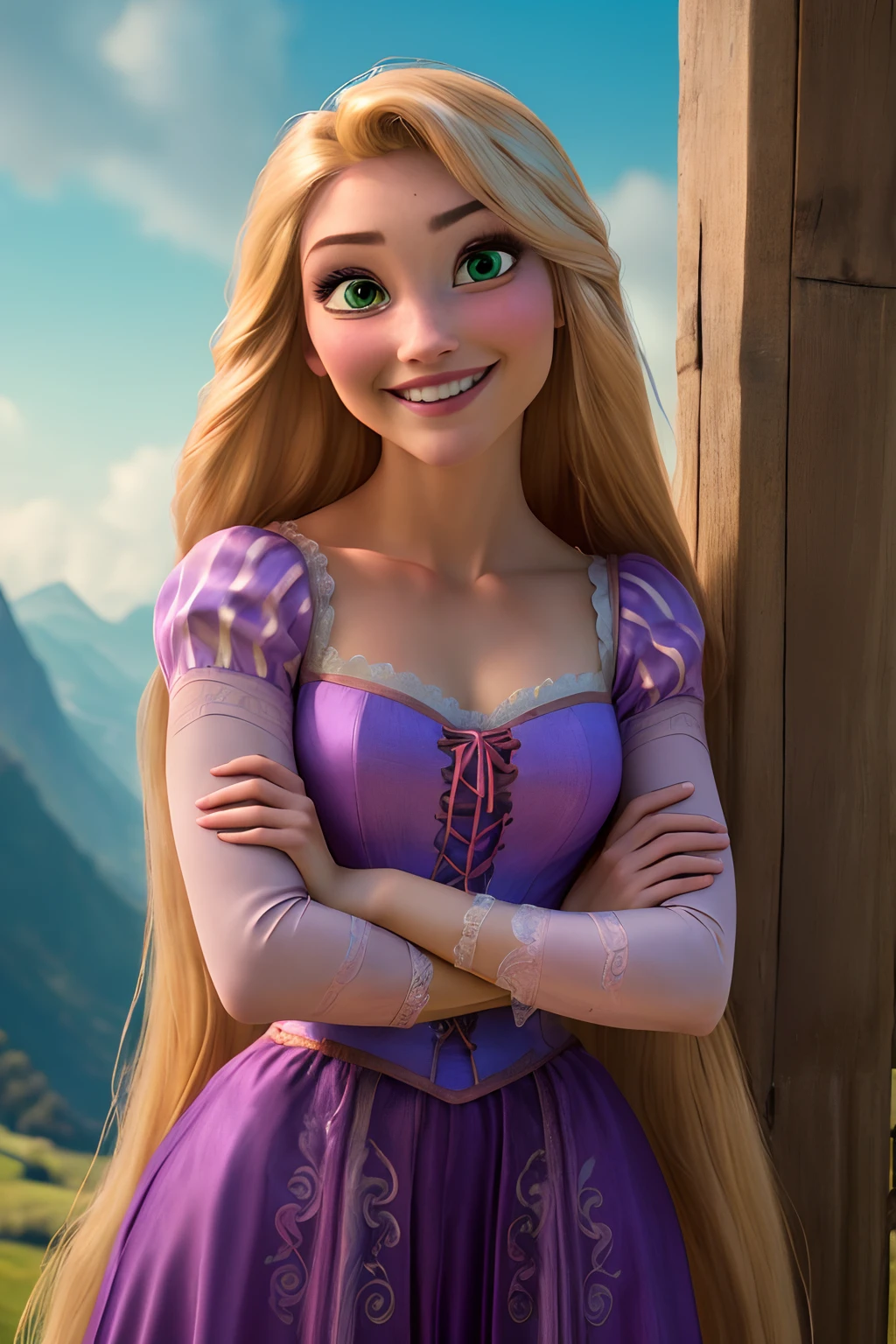 rapunzel, 1girl, solo, long hair, smile, blonde hair, dress, very long hair, green eyes, crossed arms, purple dress (masterpiece:1.2), (best quality), (ultra detailed), (8k, 4k, intricate),(full-body-shot:1), (highly detailed:1.2),(detailed face:1.2),(detailed background),detailed landscape, (dynamic angle:1.2), (dynamic pose:1.2),