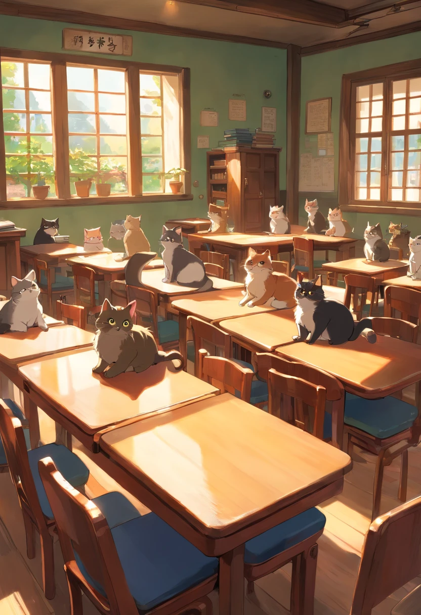 Round-eyed cats sit in chairs for lessons, Classroom,Several rows of tables, , Face the blackboard, Sunlight outside the window