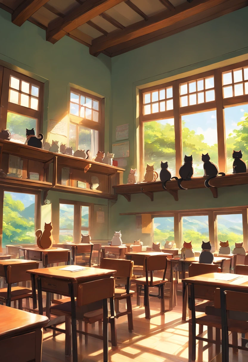 Round-eyed cats sit in chairs for lessons, Classroom,Several rows of tables, , Face the blackboard, Sunlight outside the window