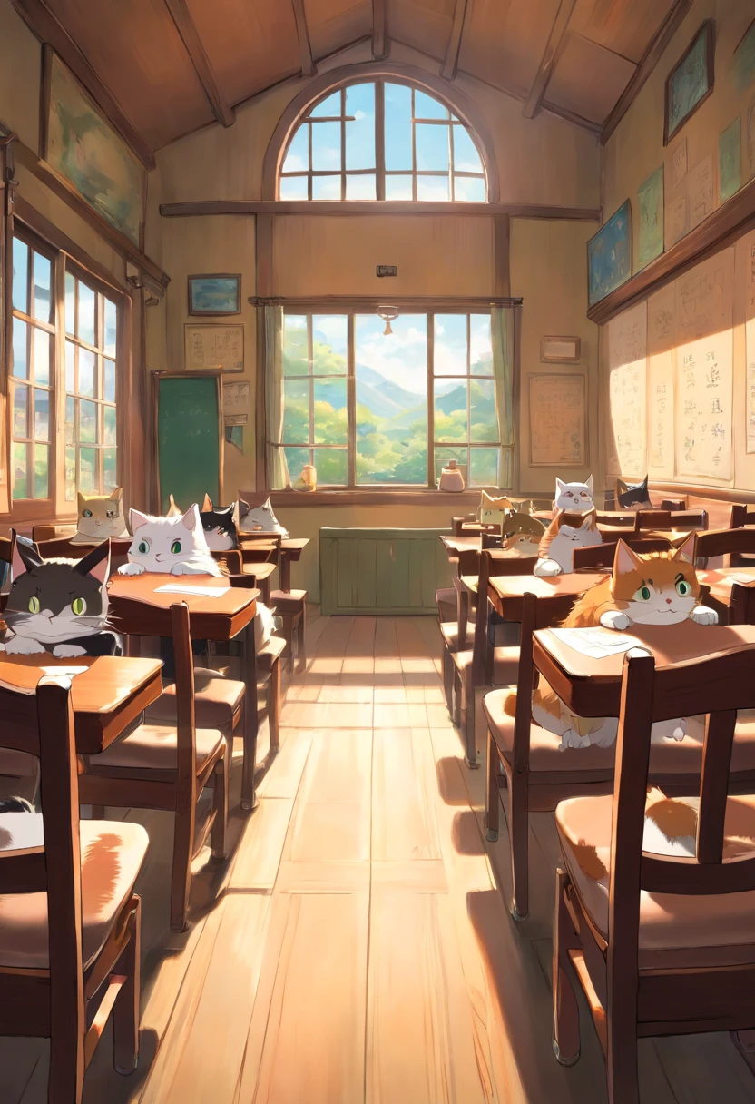 Round-eyed cats sit in chairs for lessons, Classroom,Several rows of tables, , Face the blackboard, Sunlight outside the window