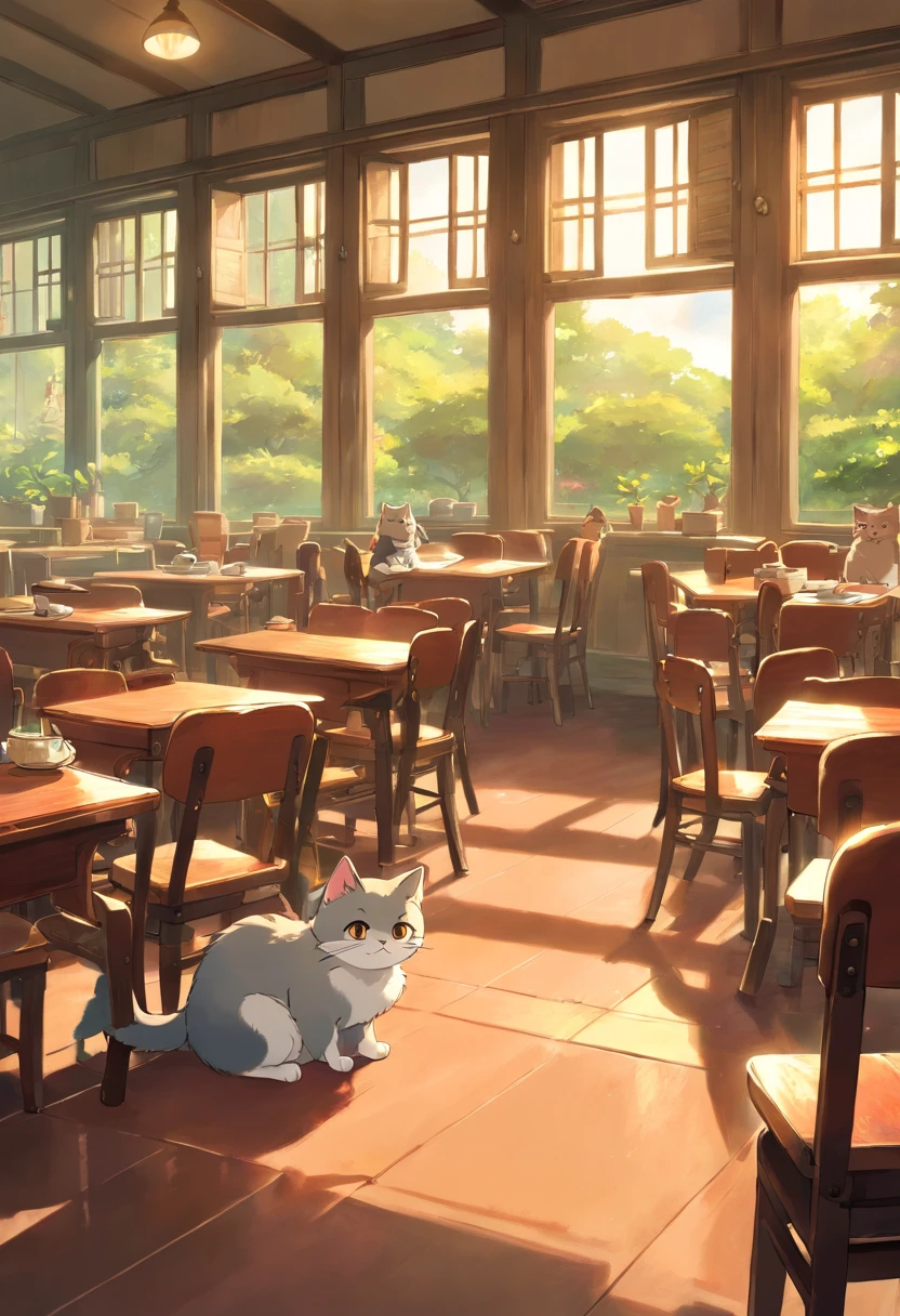 Round-eyed cats sit in chairs for lessons, Classroom,Several rows of tables, , Face the blackboard, Sunlight outside the window