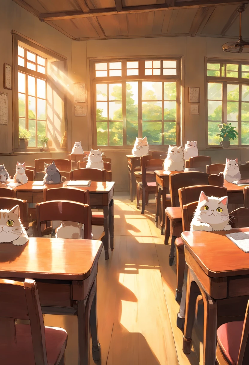Round-eyed cats sit in chairs for lessons, Classroom,Several rows of tables, , Face the blackboard, Sunlight outside the window