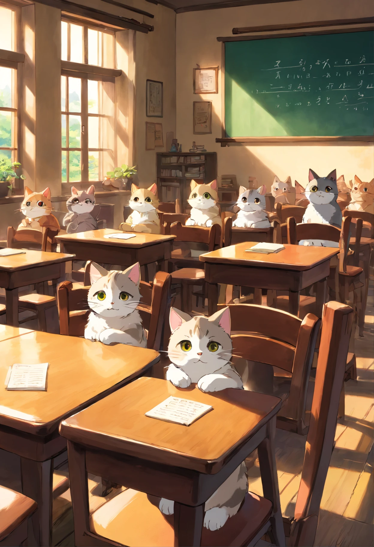 Round-eyed cats sit in chairs for lessons, Classroom,Several rows of tables, , Face the blackboard, Sunlight outside the window