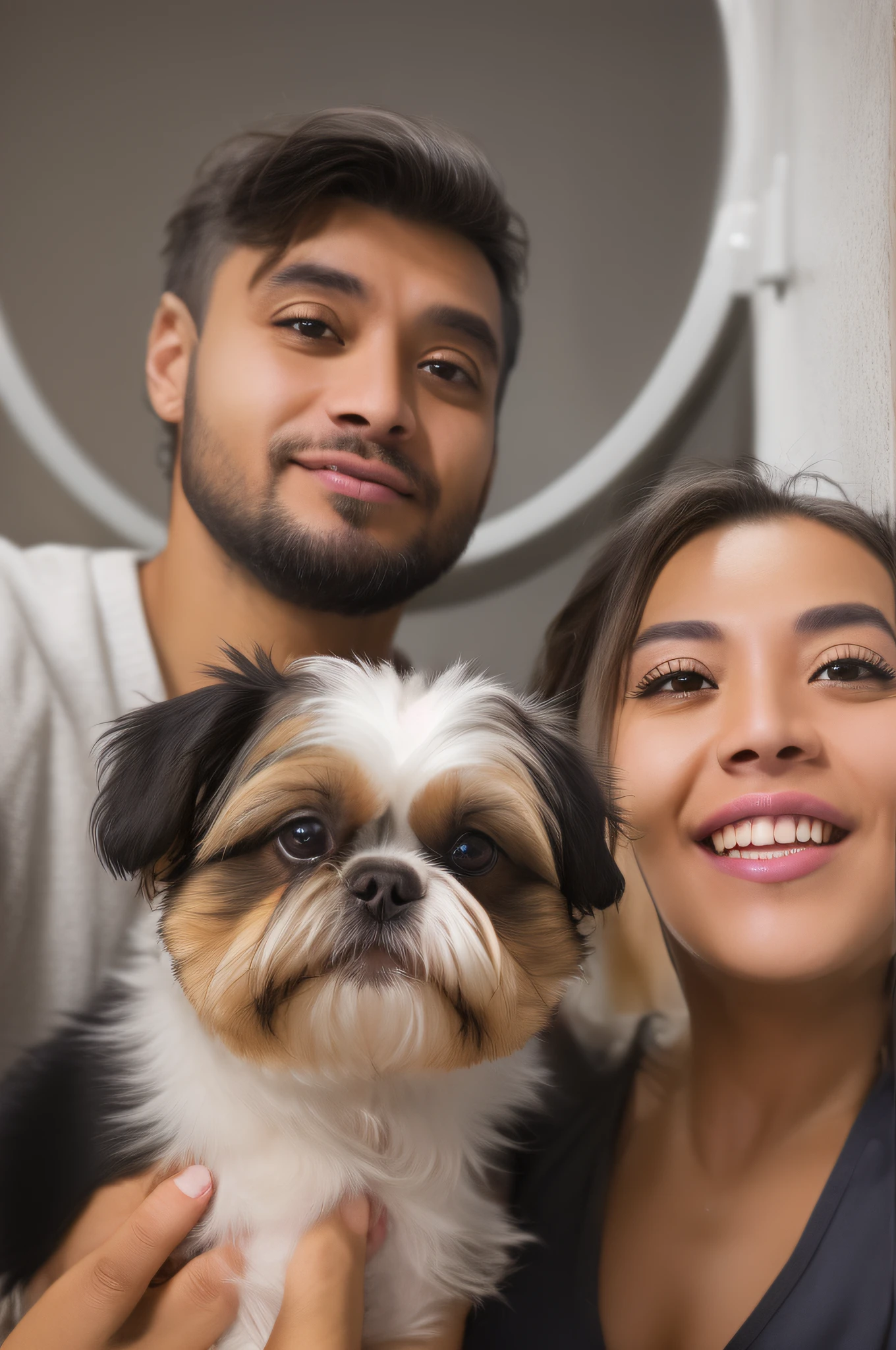 Mulher e homem bonitos asian, fazendo uma selfie com estilo em seu colo um cachorro de pequeno porte Shih-tzu, olhos lindos e perfeitos, (maquiagem dos olhos: 1.1), (pele altamente detalhada: 1.1), (seios pequenos perfeitos), corpo magro perfeito, vestindo uma toalha de banho branca, ( (SFW)), realista, FOTOREALISTIC, rosto detalhado, soft-lighting, estilo Modelshoot, fotografia profissional, in a dark studio background, fundo desfocado, RAW, analogue style, foco nítido, 8k UHD, DSLR, alta qualidade, Fujifilm XT3, grain, premiado, obra-prima