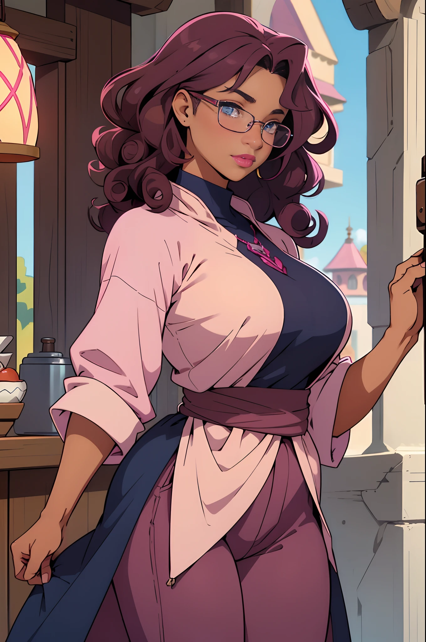 Solo, female, standing, looking at viewer, (((tan skin))), fantasy village, light pink linen tunic, navy cloak, magenta and navy blue accents, pants, (dark maroon hair, curly hair, medium hair), glasses, big breasts, pink lipstick, blue eyes