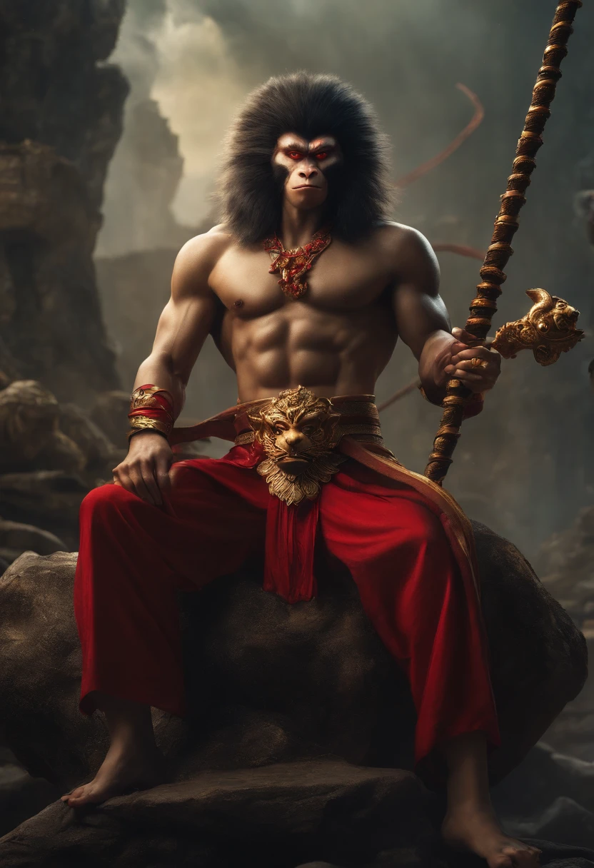 sun wukong sitting on a devastated vise, villain, with an evil look, holding a golden staff, wearing pants and no shirt and is barefoot, red eyes, lots of black hair, with monkey tail