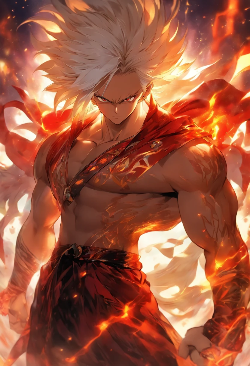 a male anime character with white hair and red eyes, character album cover, full art, antasy character, full art illustration, full portrait of elementalist, character profile art, official character art, official character illustration, merlin, high detailed official artwork, game key art, omoide emanon, oz, mobile game art, fangs, smurk, white hair, no shirt, muscular body, walking pose, white clothes.