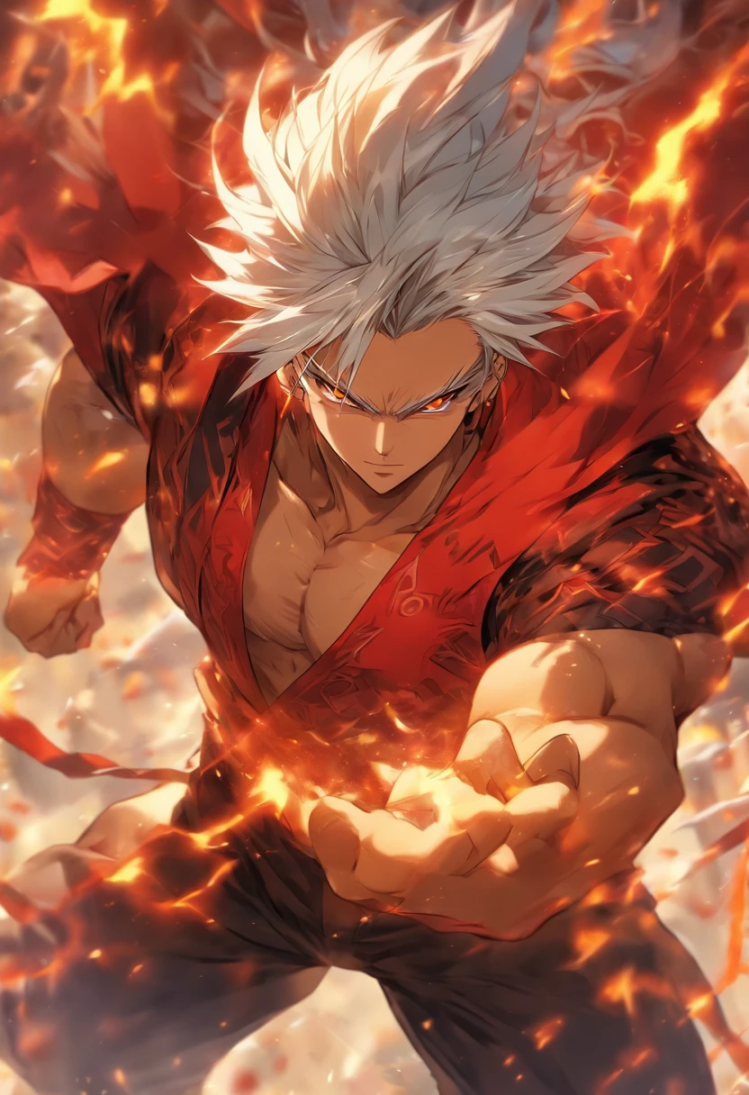 a male anime character with white hair and red eyes, character album cover, full art, antasy character, full art illustration, full portrait of elementalist, character profile art, official character art, official character illustration, merlin, high detailed official artwork, game key art, omoide emanon, oz, mobile game art, fangs, smurk, white hair, no shirt, muscular body, walking pose, white clothes.