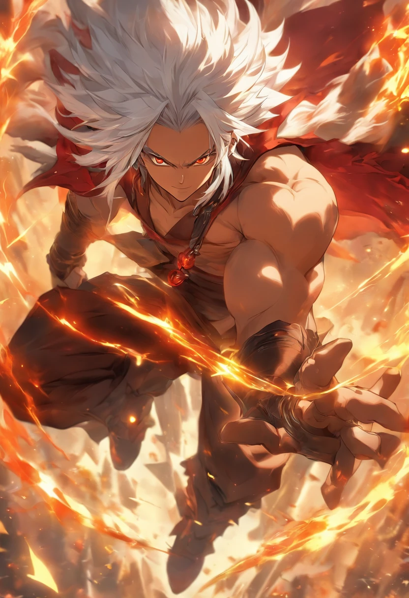a male anime character with white hair and red eyes, character album cover, full art, antasy character, full art illustration, full portrait of elementalist, character profile art, official character art, official character illustration, merlin, high detailed official artwork, game key art, omoide emanon, oz, mobile game art, fangs, smurk, white hair, no shirt, muscular body, walking pose, white clothes.