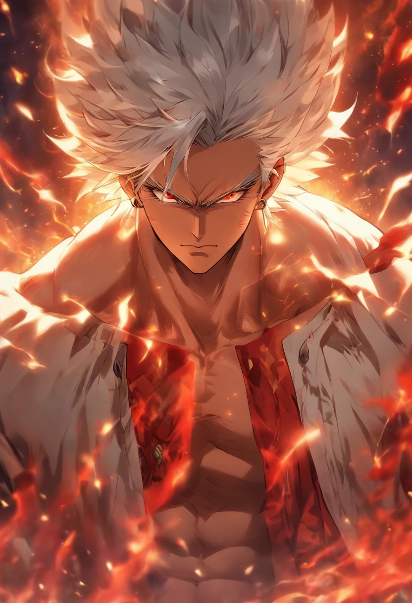 a male anime character with white hair and red eyes, character album cover, full art, antasy character, full art illustration, full portrait of elementalist, character profile art, official character art, official character illustration, merlin, high detailed official artwork, game key art, omoide emanon, oz, mobile game art, fangs, smurk, white hair, no shirt, muscular body, walking pose, white clothes.