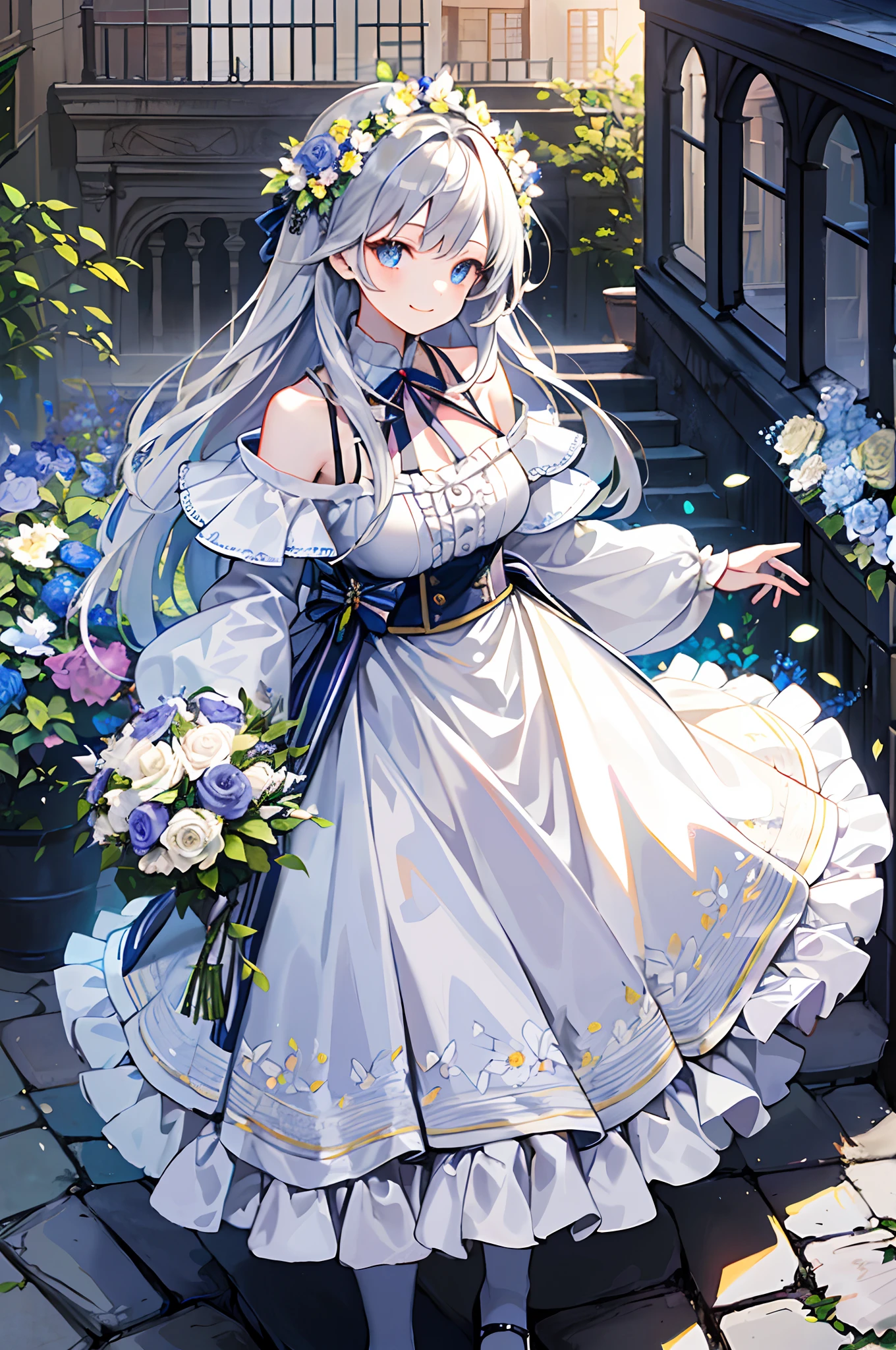 (​masterpiece、top-quality、illustratio、Extremely high quality、high-level image quality、Extremely sensitive writing)Girl with long silver hair standing in beautiful flowery garden、A slight smile、She has a large bouquet、Cute national costume style dress with ruffles on the shoulders、Hair fluttering in the wind