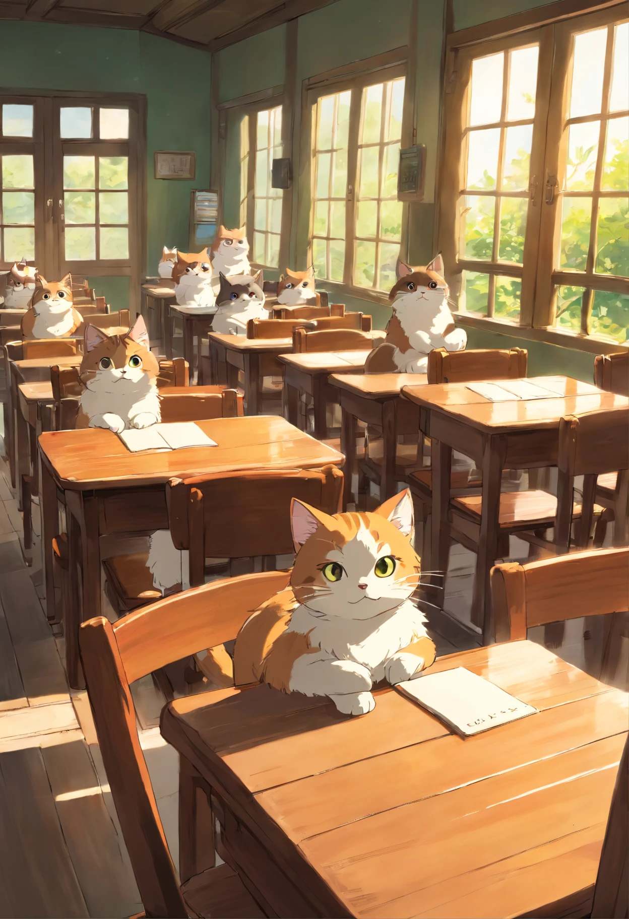 Round-eyed cats sit in chairs for lessons, Classroom,Several rows of tables, , Face the blackboard, Sunlight outside the window