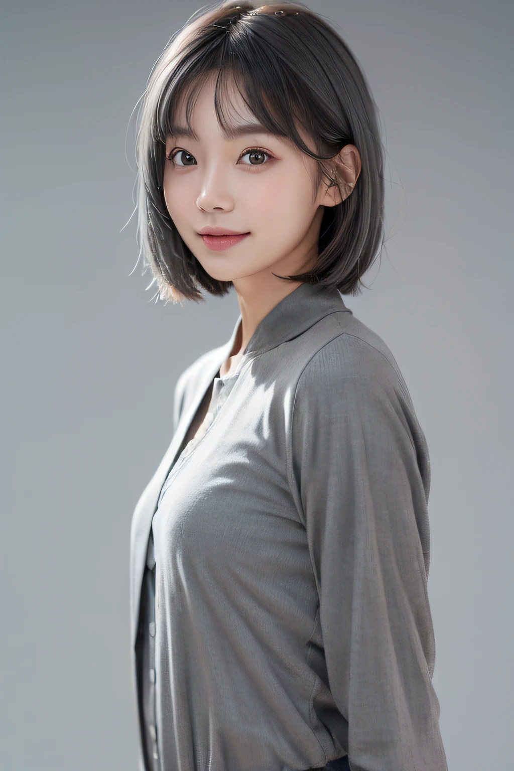 (Gray background:1.5), (Photorealsitic:1.4), (top-quality:1.0), (超A high resolution:1.0), 8K, RAW Photography, (masterpiece:0.2), 1girl in, Beautiful skin, Fine skin, short-haired, A slight smil, tusk, (uniformss:1.5)