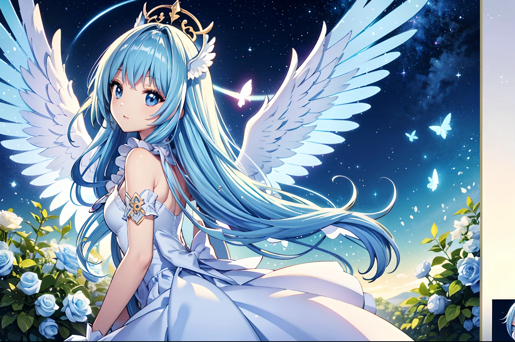 Angel wings shining in seven colors、Kawaii Girl、Light blue long hair、Twin-tailed、Colorful angel costume、((top-quality))、((​masterpiece))、(ighly detailed、highestdetailed、Official art、Beautifully Aesthetic:1.2)