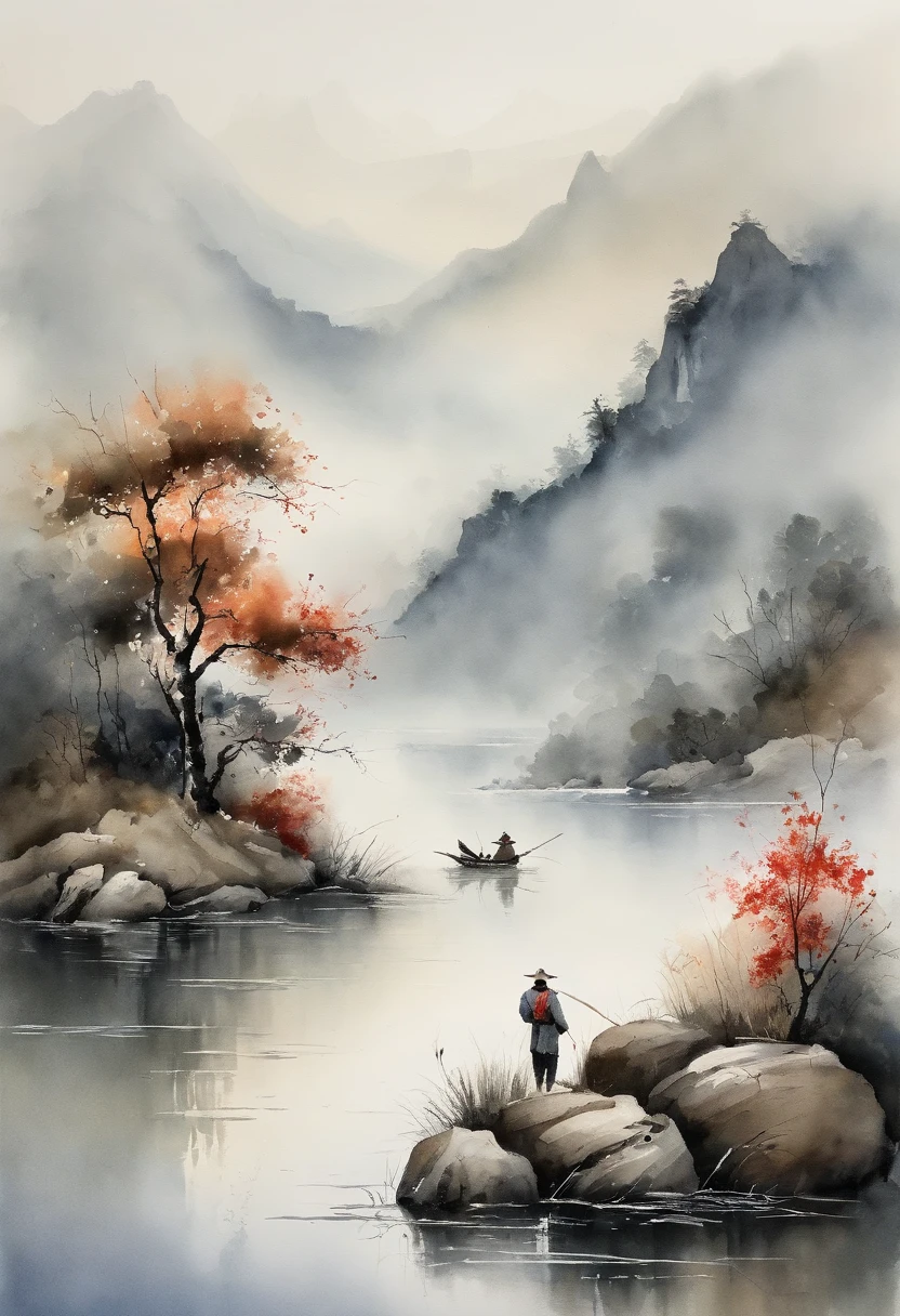 Chinese landscape painting，ink and watercolor painting，water ink，ink，Smudge，Faraway view，Ultra-wide viewing angle，Meticulous，Fishing boat vistas，Meticulous，Smudge，low-saturation，Low contrast，Fishing alone in the cold river snow，snow landscape，Beautifully depicted，A detailed，acurate，Works of masters，tmasterpiece