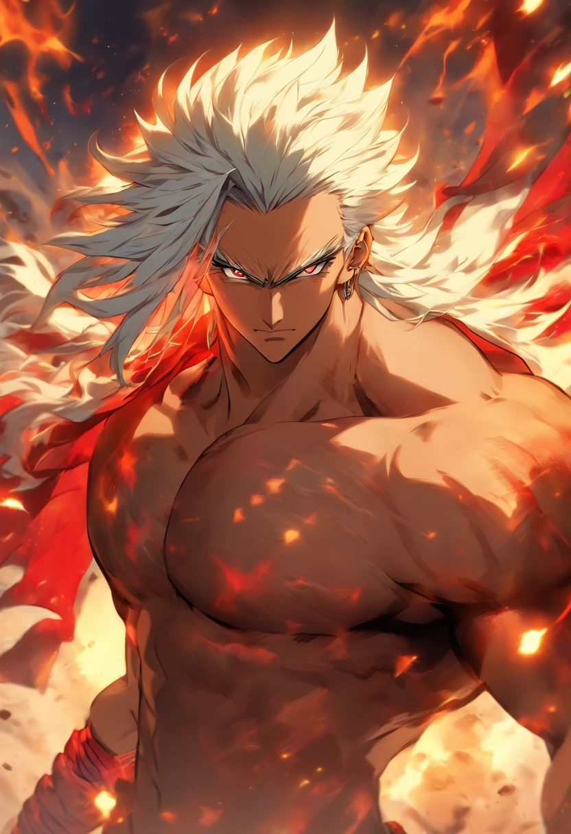 "Anime style depiction of a strong and shirtless character with long white hair, prominent fangs, and adorned with black bead bracelets. The character is young and wears a red bread necklace, They are dressed in black and pink baggy pants and have a tall stature. The background features elements of fire and a tiger. The character has striking white eyes, anime face, stereogram, tachi-e, pov, atmospheric perspective, 8k, super detail, accurate, best quality