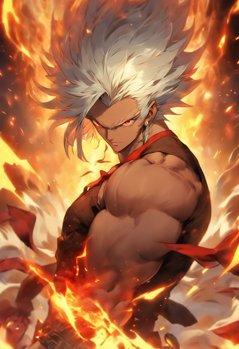 a male anime character with white hair and red eyes, character album cover, full art, antasy character, full art illustration, full portrait of elementalist, character profile art, official character art, official character illustration, merlin, high detailed official artwork, game key art, omoide emanon, oz, mobile game art, fangs, smurk, white hair, no shirt, muscular body, walking pose, white clothes.