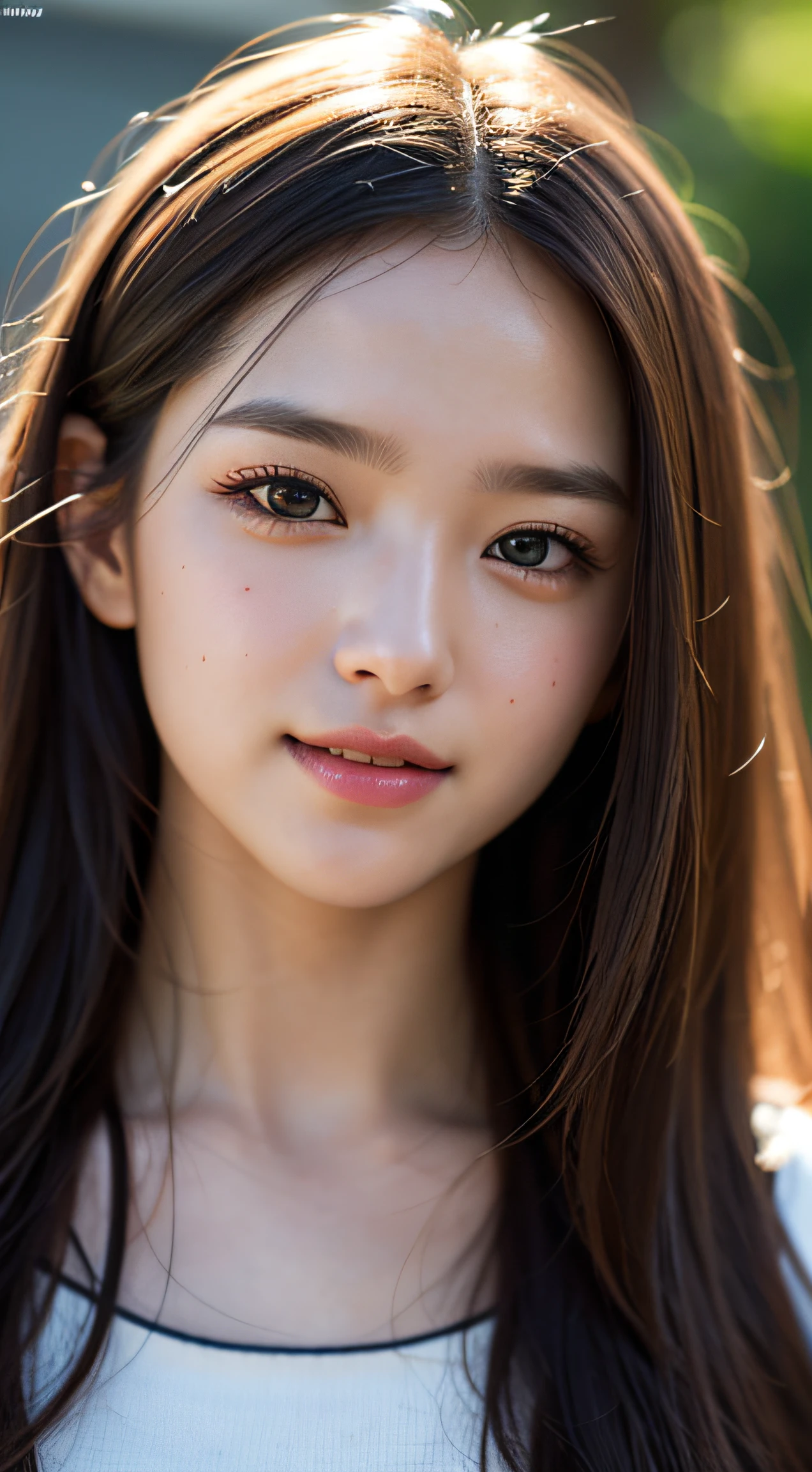 18-year-old girl、independent、look forward to、Light eye makeup、Brown Hair Color、flat 、Hair blowing in the wind、Quality of actress、Shiny, Ultra-realistic face、Smiling expression、Watery eye、look up、Soothing lighting effects、 Ultra-Realistic Capture、Very detailed、High resolution 16K human skin closeup。Skin texture must be natural、Must be so detailed that pores are visible、skin is healthy、Must be of uniform tone、Use natural light and color、High quality photos taken by modeling agencies'Exclusive photographer、A big smile、Front facing