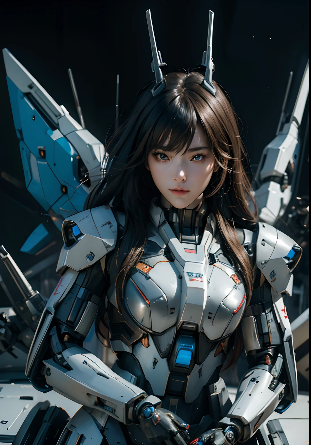 Textured skin, Super Detail, high details, High quality, Best Quality, hight resolution, 1080p, hard disk, Beautiful,(Gundam),beautiful cyborg woman,Mecha Cyborg Girl,Battle Mode,Girl with a Mecha Body,She wears a futuristic Gundam mecha,Fulll body Shot