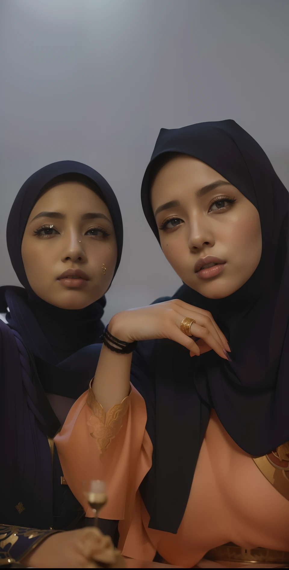 .masterpiece:1.2, best quality), realistic, (real picture, intricate details, depth of field), (1girl, solo), make up, parted lips, highly-detailed, perfect face, (skindentation), glossy coral lips, (A girl wearing full hijab, Islamic clothes), blushing, Raiden baal (Raiden shougn) from genshin impact,high-detailed hands,