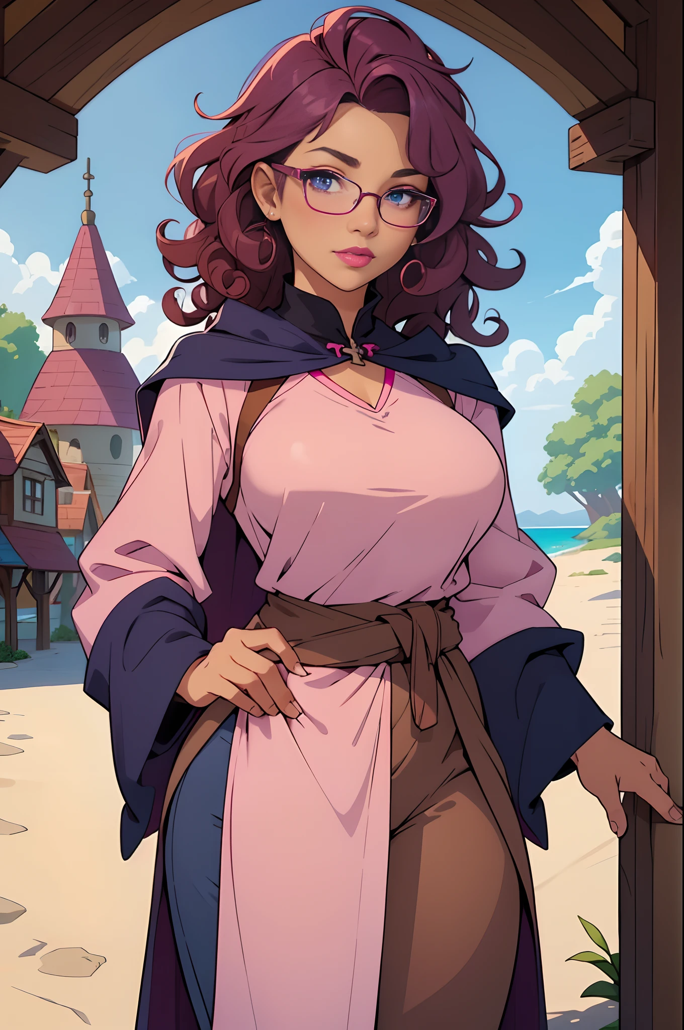 Solo, female, standing, looking at viewer, (((tan skin))), fantasy village, light pink linen tunic, navy cloak, magenta and navy blue accents, pants, (dark maroon hair, curly hair), glasses, big breasts, pink lipstick, blue eyes