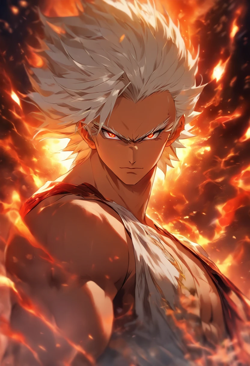 A young man with a thin face, his hair is long messy white, possesses tribal tattoos his body and does not wear upper body clothing, wears Greek skirt ornamented with gold, as well as gold accessories, there are rays around him