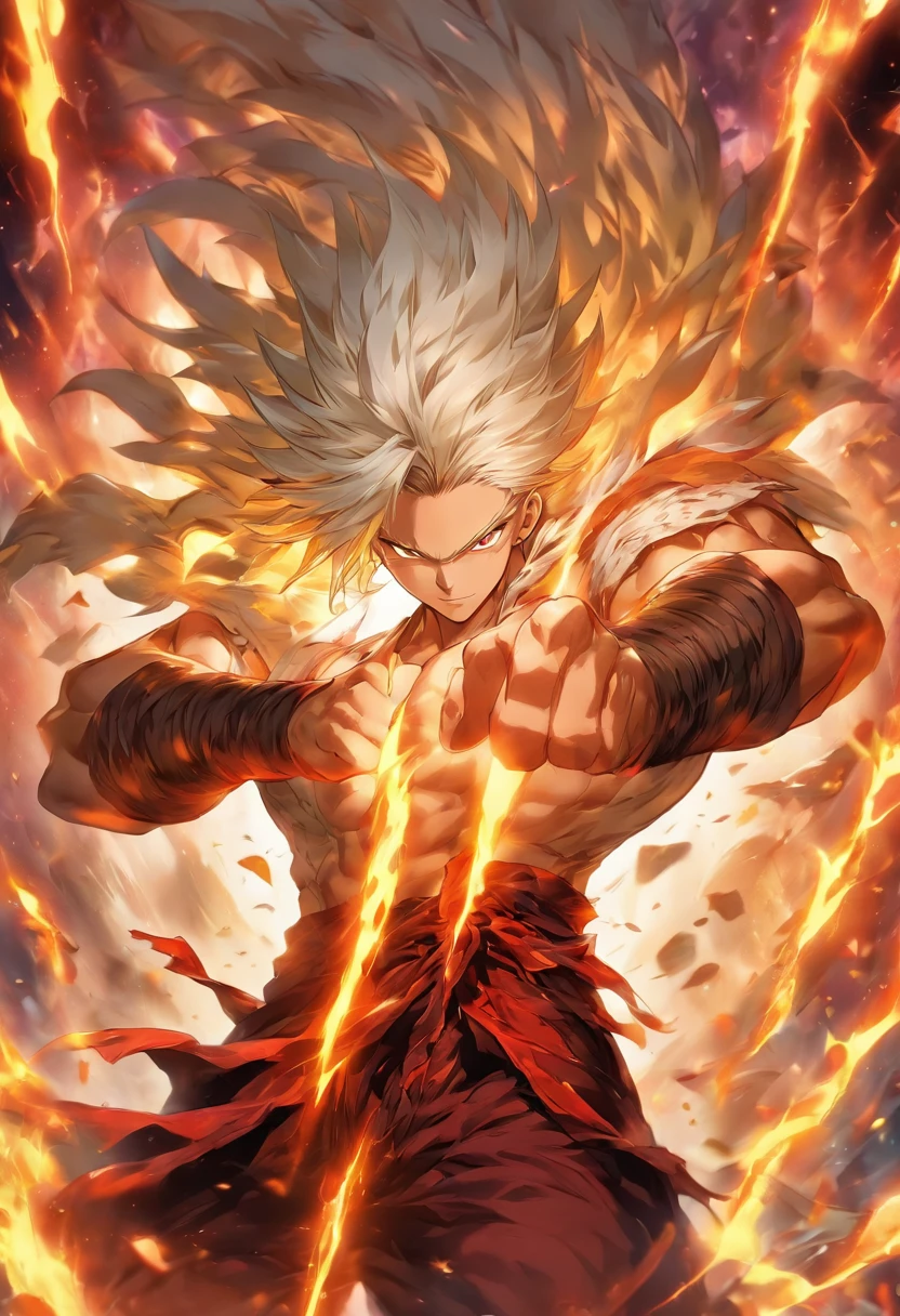 a male anime character with white hair and red eyes, character album cover, full art, antasy character, full art illustration, full portrait of elementalist, character profile art, official character art, official character illustration, merlin, high detailed official artwork, game key art, omoide emanon, oz, mobile game art, fangs, smurk, white hair, no shirt, muscular body, walking pose, white clothes.